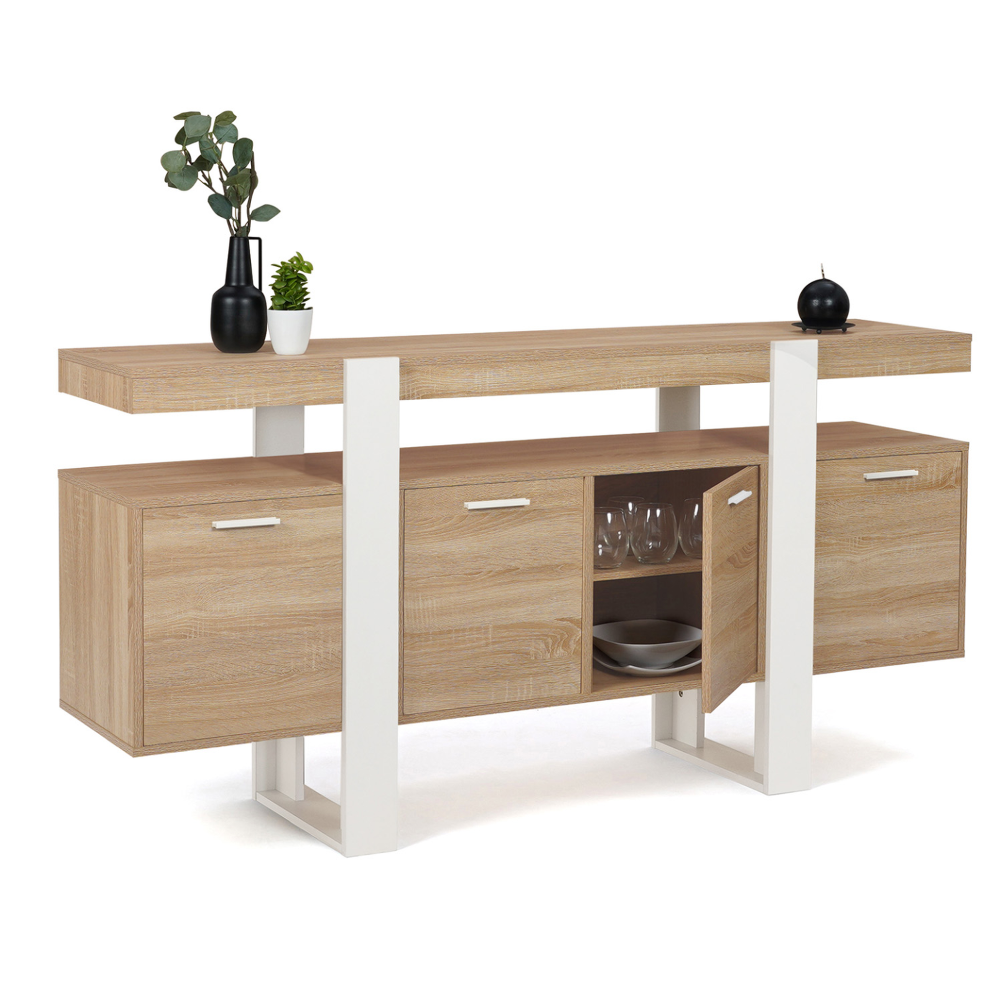Voir la diapositive 4 : ID MARKET Buffet 160 cm phoenix xxl 4 portes bois et blanc