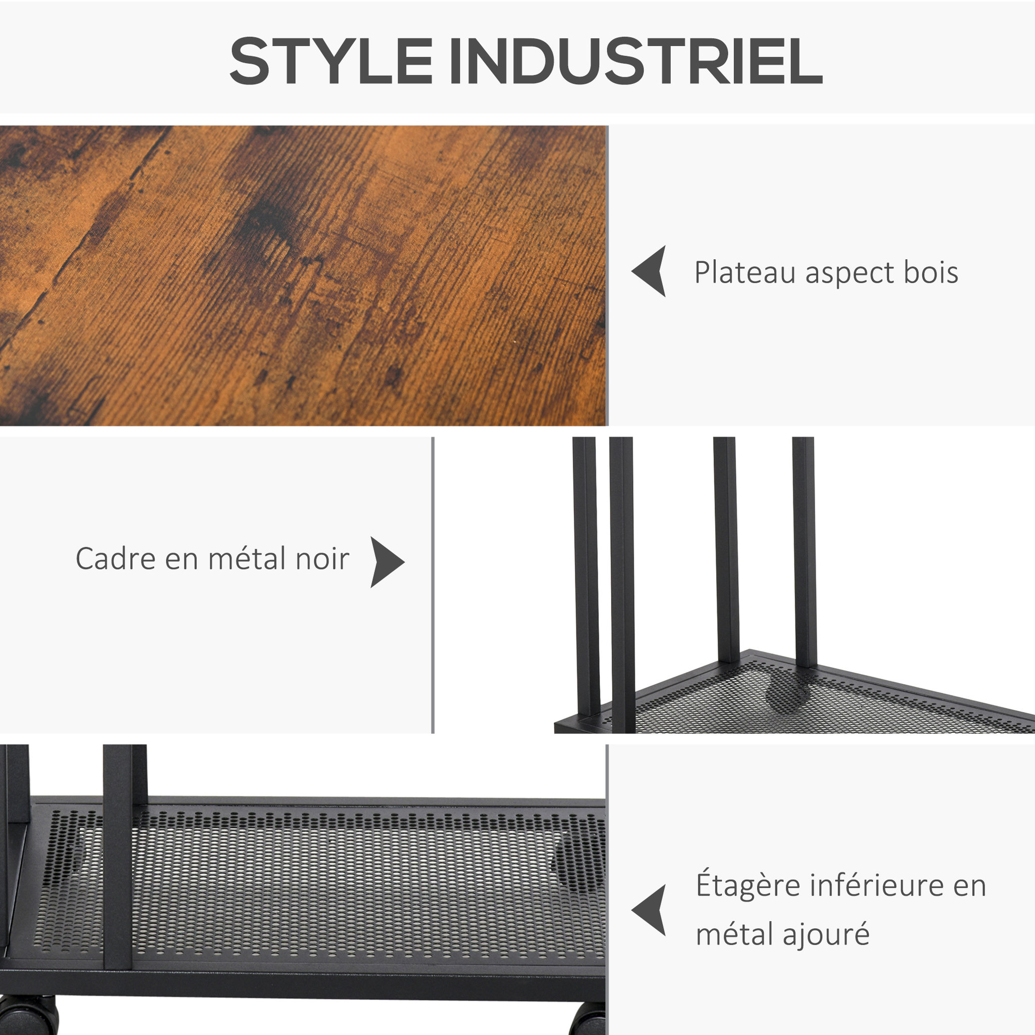 Voir la diapositive 5 : HOMCOM Table basse table d'appoint Vintage style industriel étagère acier noir MDF coloris boisé