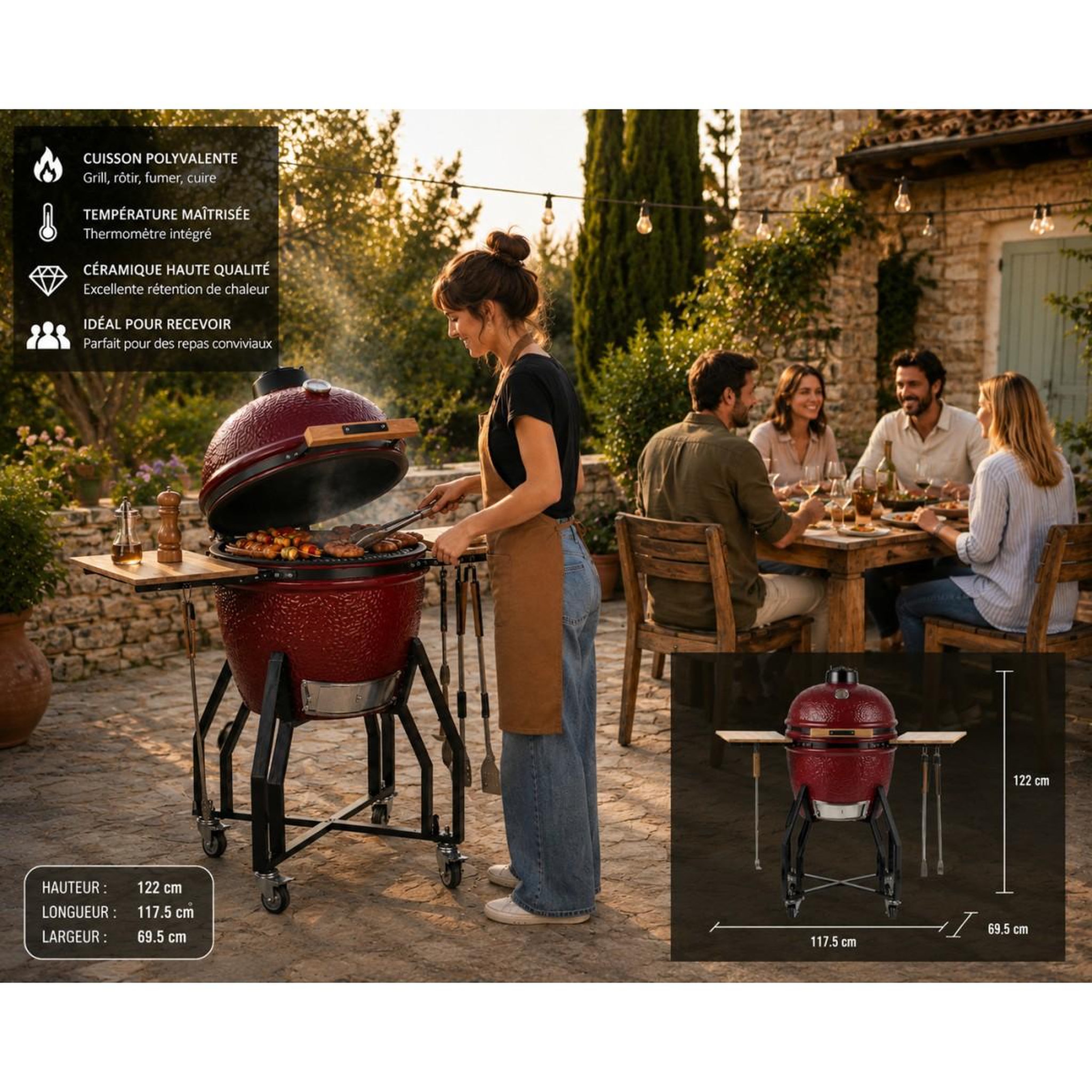 Voir la diapositive 2 : INTEC Barbecue à charbon de bois céramique kamado rouge 2 zones de cuisson grill & fumoir ø56cm - barbecue mobile + 2 tablettes intec