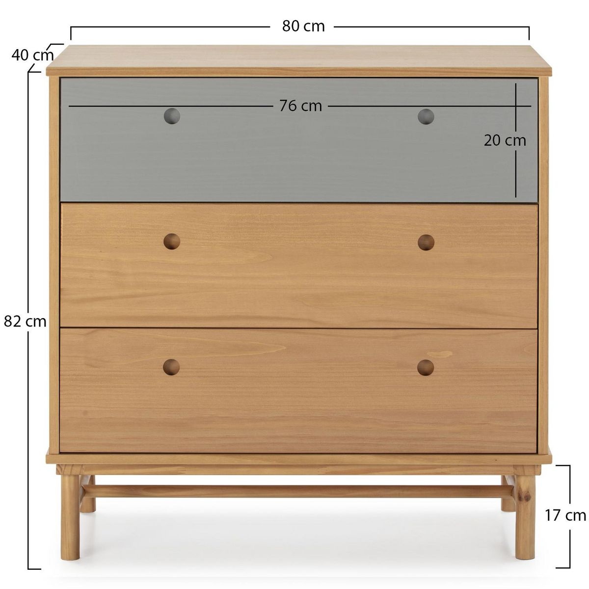 VS VENTA-STOCK Commode de nuit Magnus 3 tiroirs , bois massif , 80 cm Largeur