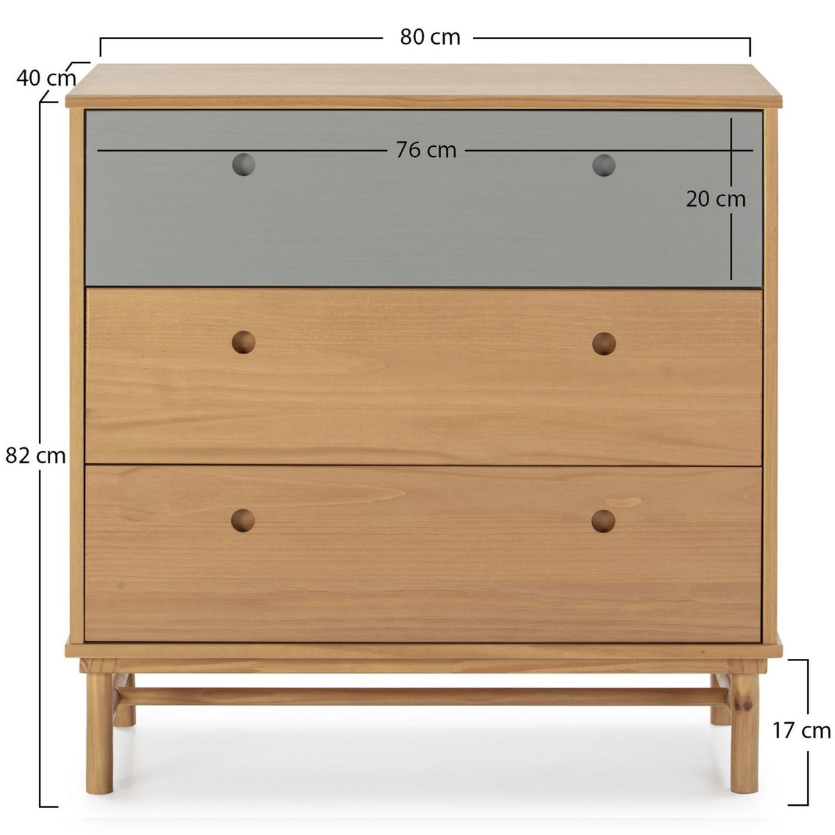 VS VENTA-STOCK Commode de nuit Magnus 3 tiroirs , bois massif , 80 cm Largeur