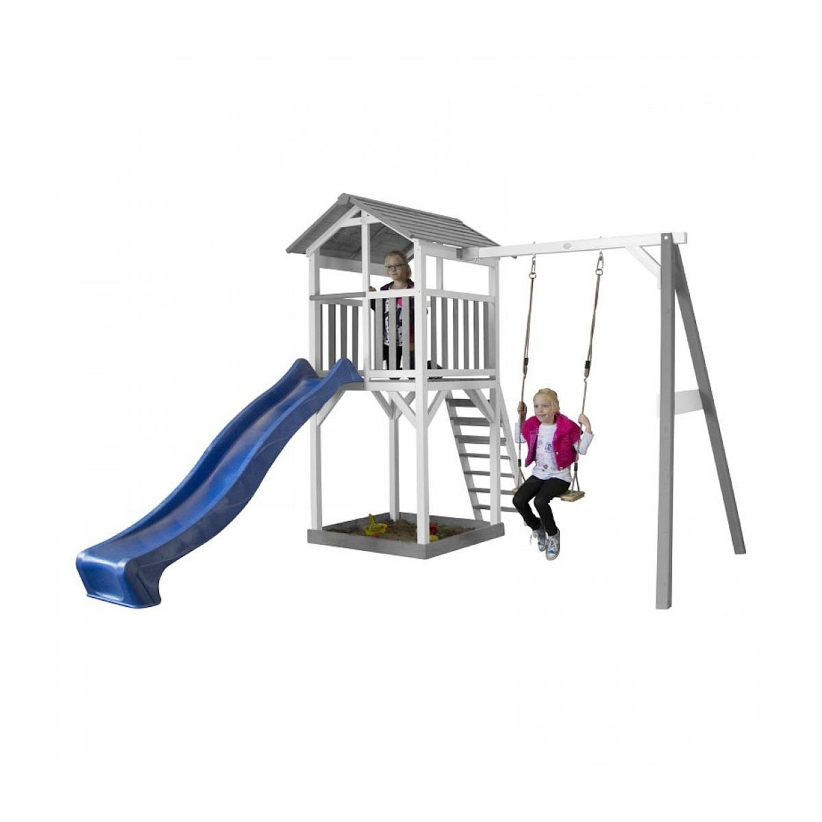 Axi House AXI Structure de jeu Beach Tower Gris Blanc avec 1 balancoire et toboggan Bleu