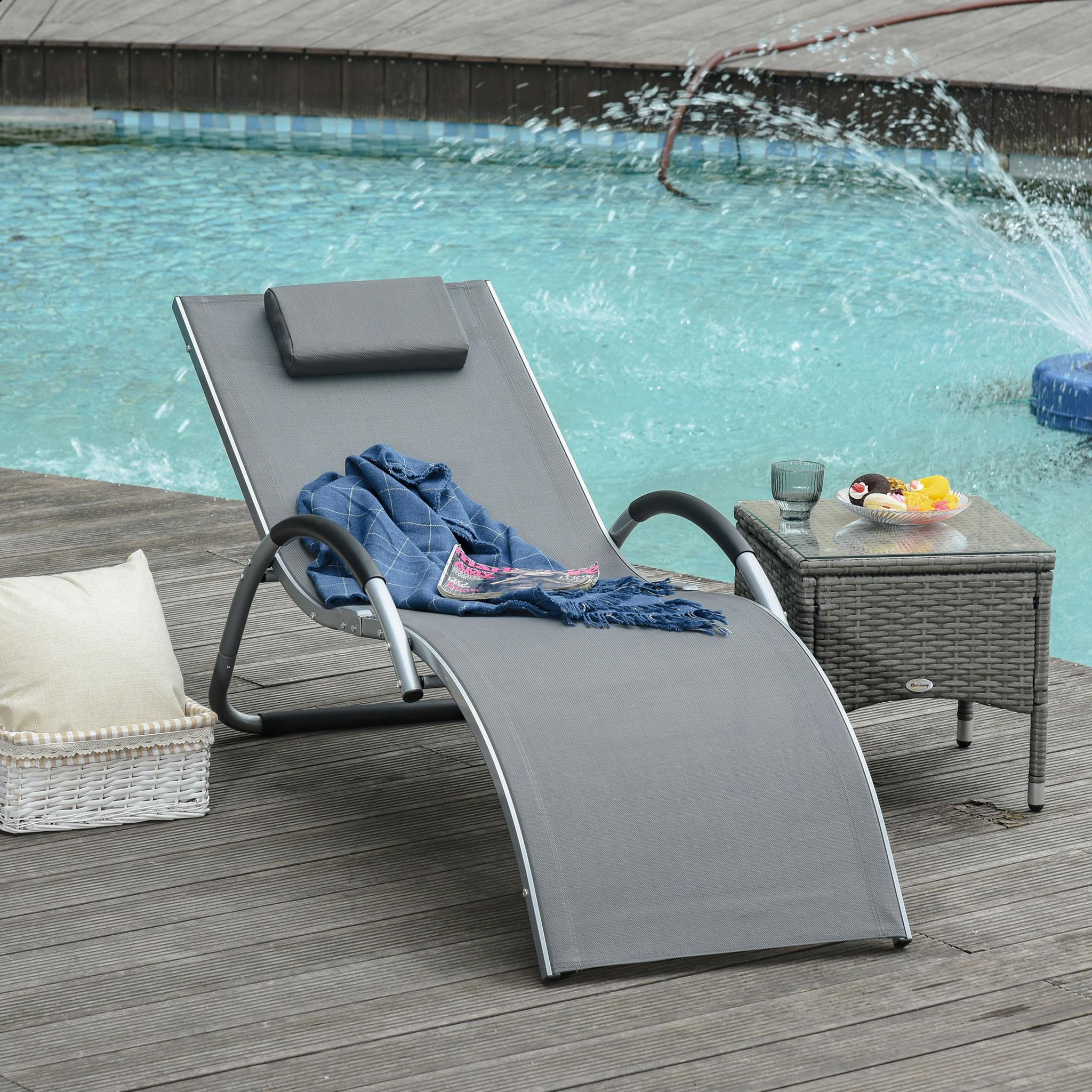 Voir la diapositive 2 : OUTSUNNY Bain de soleil transat design contemporain avec appui-tête grand confort léger aluminium textilène 160 x 60 x 65 cm gris