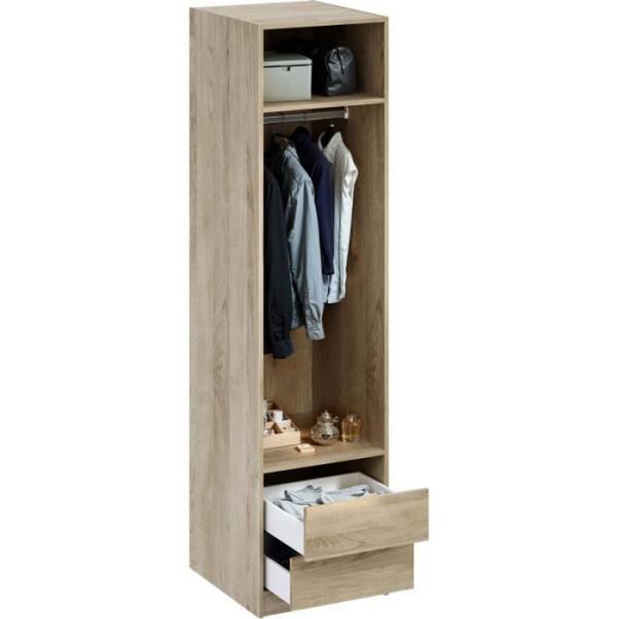 Voir la diapositive 1 : MARKET24 Dressing - Décor Chene - 2 tiroirs - 2 étageres - 1 tringle - L50 x P57 x H200 cm