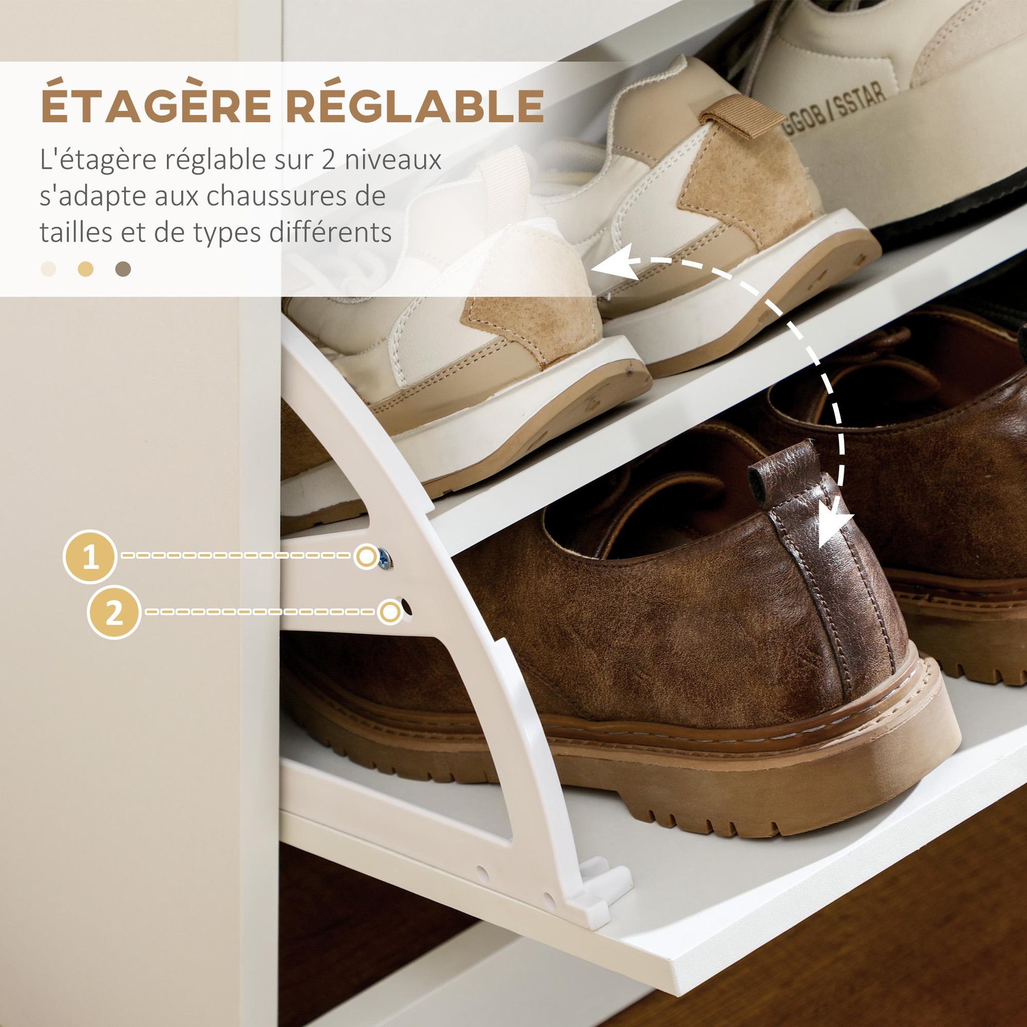 Voir la diapositive 5 : HOMCOM Meuble à chaussures 2 tiroirs 2 portes abattantes étagère blanc