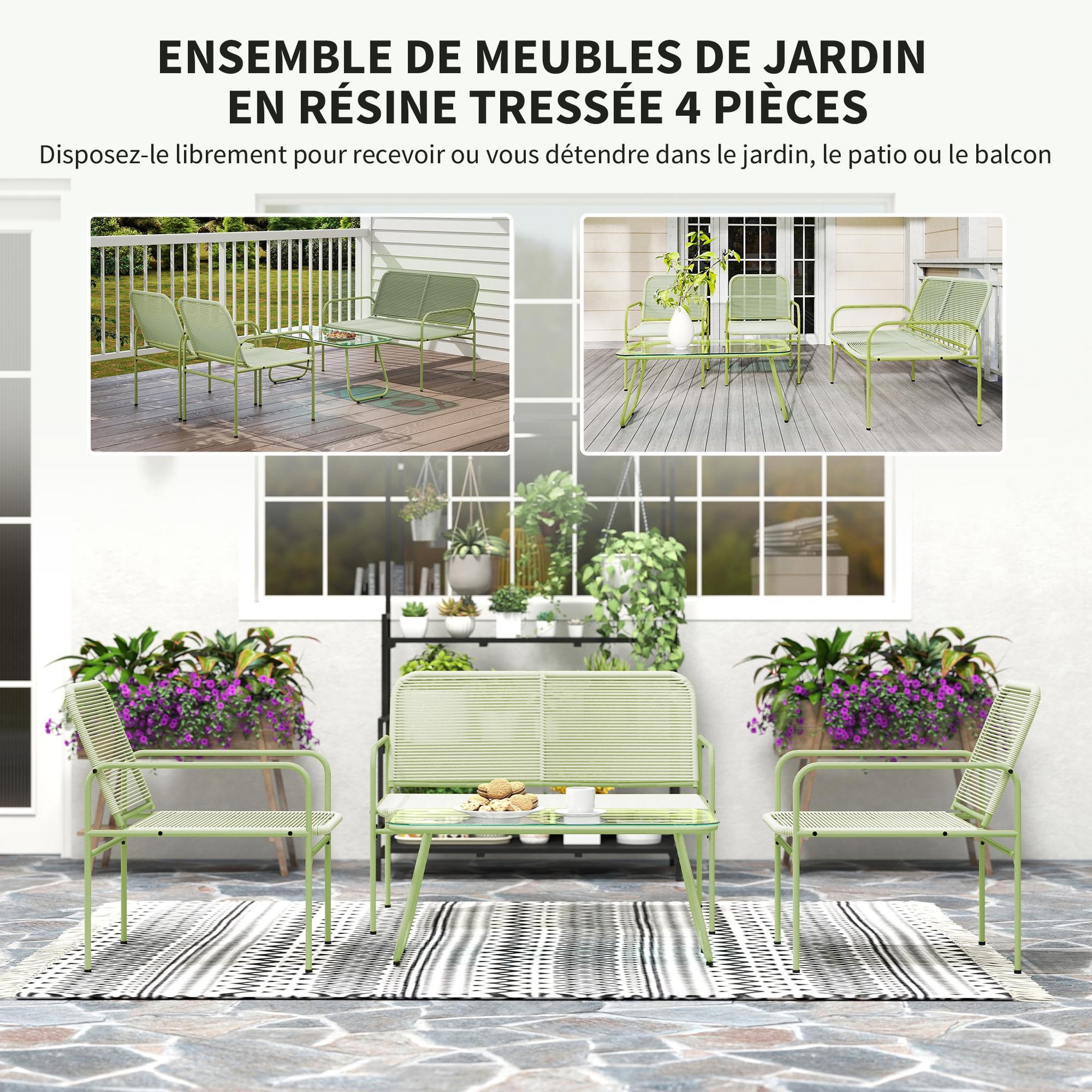 Voir la diapositive 5 : OUTSUNNY Salon de jardin style acapulco 4 places 4 pièces plateau verre trempé acier résine filaire vert