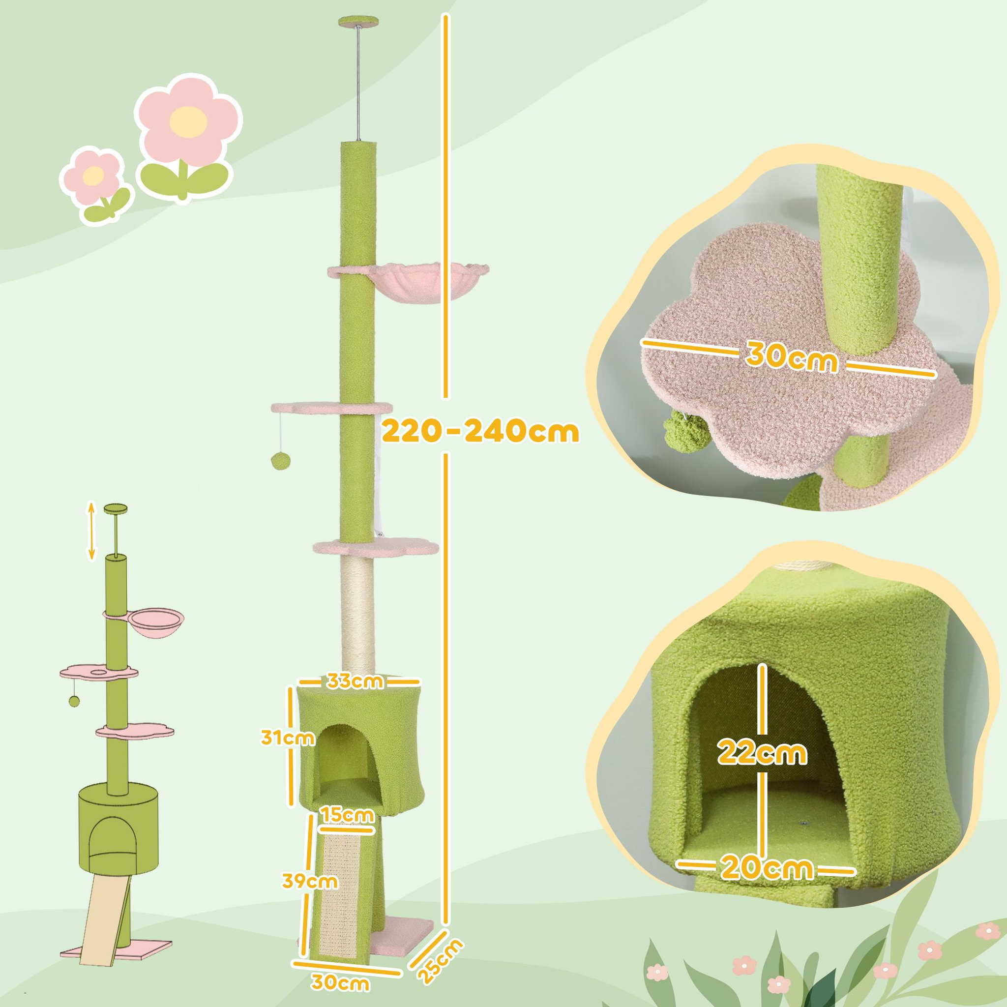 Voir la diapositive 3 : PAWHUT Arbre à chat du sol au plafond réglable h.220-240cm - 5 niveaux - griffoirs, grattoir - bouclette vert