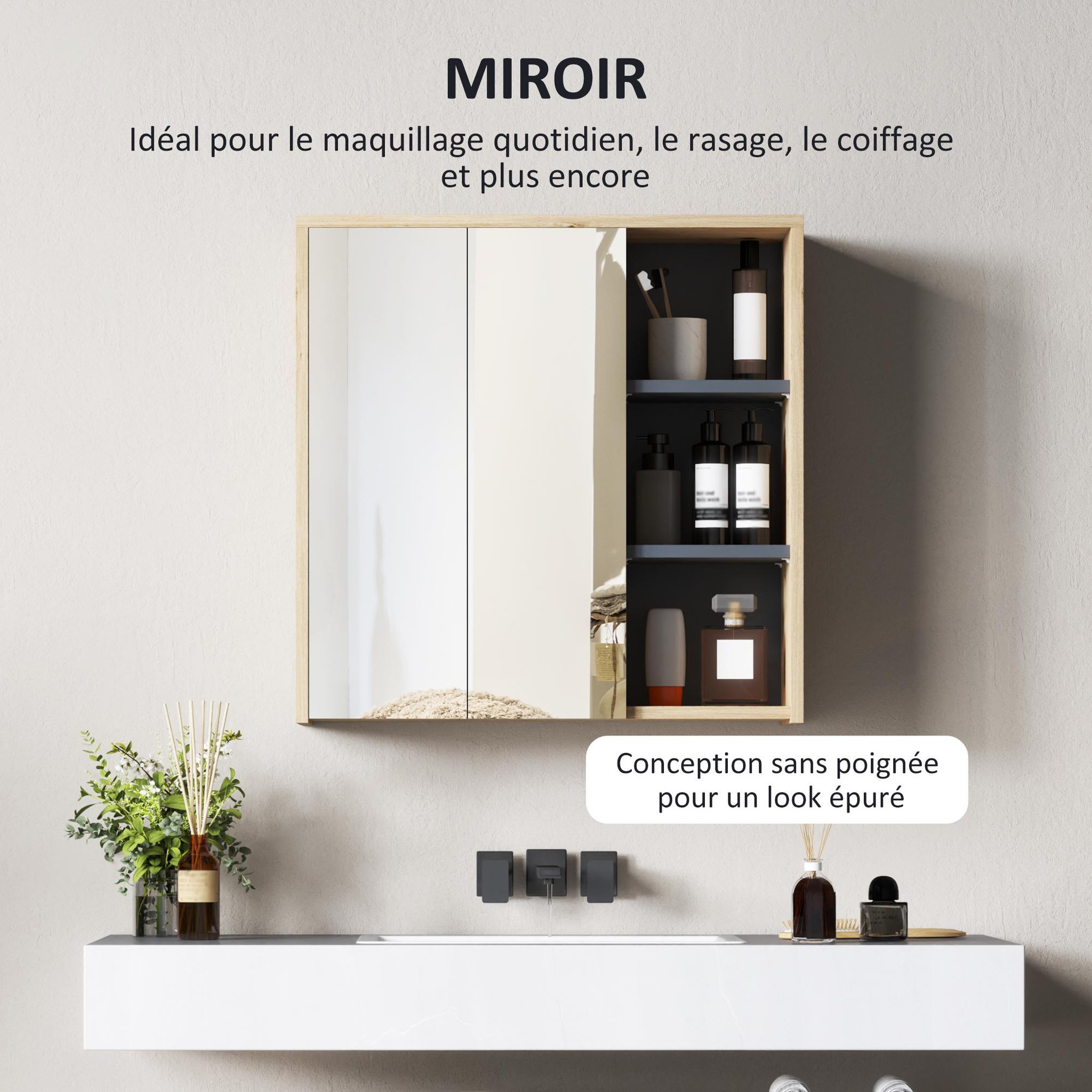 Voir la diapositive 6 : HOMCOM Armoire miroir de salle de bain - 2 portes, étagère, 3 niches - dim. 60 x 20 x 60 cm - effet bois clair naturel