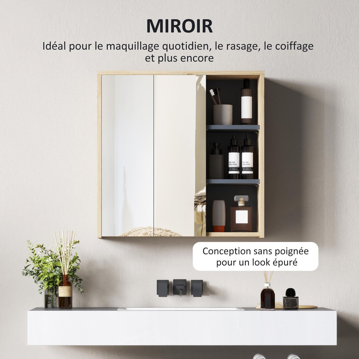 HOMCOM Armoire miroir de salle de bain - 2 portes, étagère, 3 niches - dim. 60 x 20 x 60 cm - effet bois clair naturel