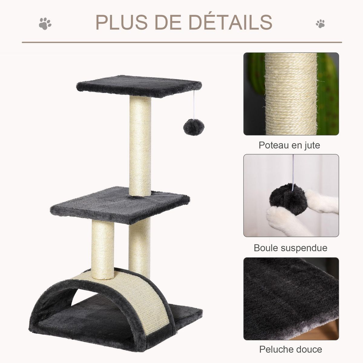PAWHUT Arbre à chat griffoir grattoir design jeu boule suspendue 2 plateformes peluche sisal naturel gris