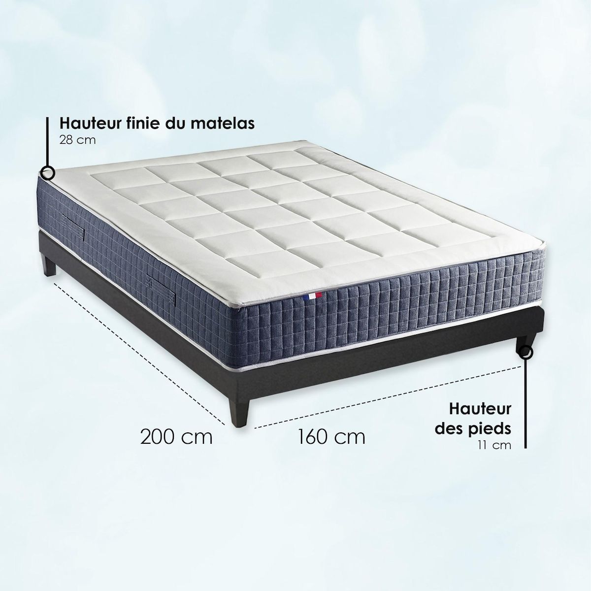 IDLITERIE Ensemble Matelas Ressort 7 zones + Mémoire de forme + Sommier KING STYLE Fabriqué en France