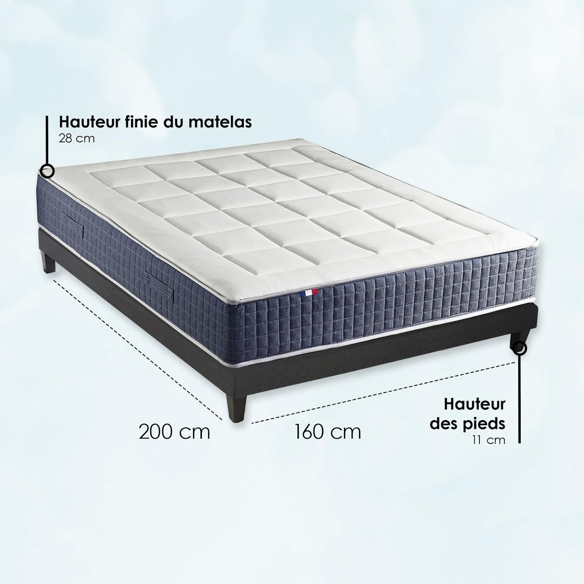 IDLITERIE Ensemble Matelas Ressort 7 zones + Mémoire de forme + Sommier KING STYLE Fabriqué en France