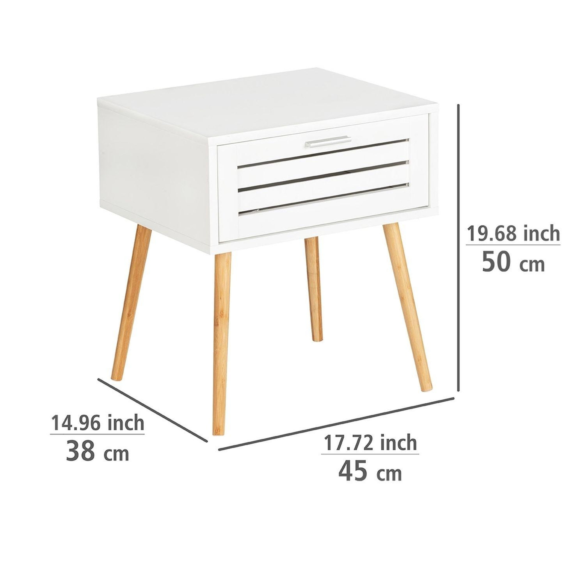 Voir la diapositive 2 : Wenko Table de chevet Finja avec 1 tiroir en Bambou et MDF - Blanc et bois
