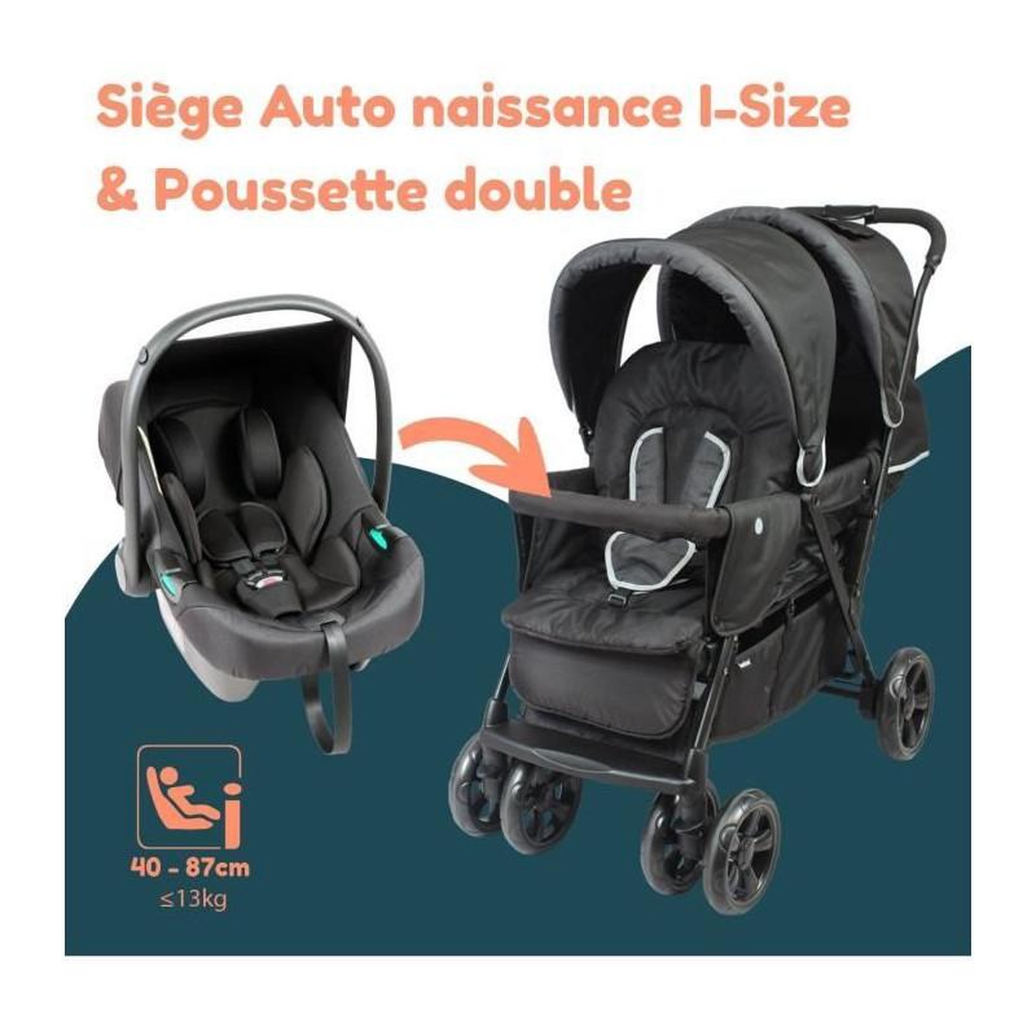 Voir la diapositive 2 : BAMBISOL Poussette double jumeaux - BAMBISOL - Combiné Poussette Double + Siege Auto I-size - 4 roues - Noir