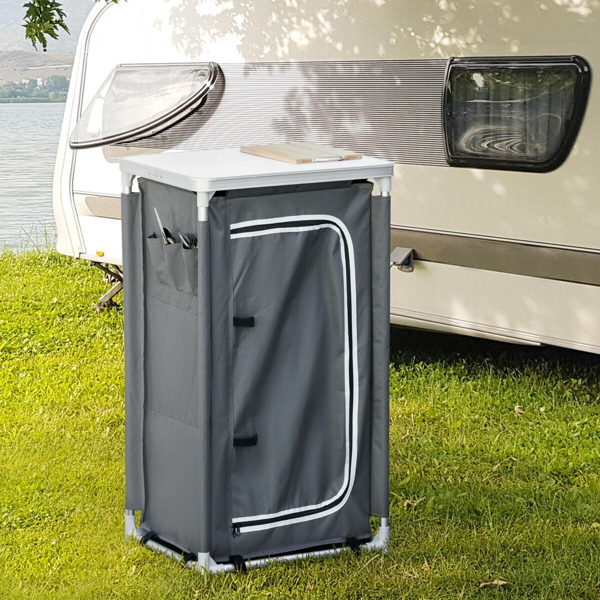 OUTSUNNY Rangement cuisine de camping pliable avec sac transport - 2 étagères - alu polyester gris