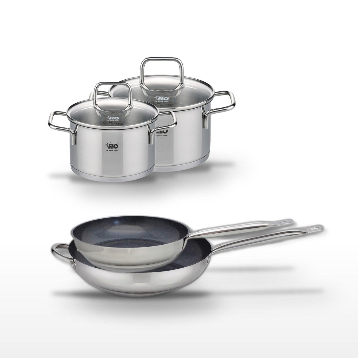 ELO Lot de 2 Poêles 28/32cm et 2 Faitouts 14/16cm Elo Profi Therm Platinum