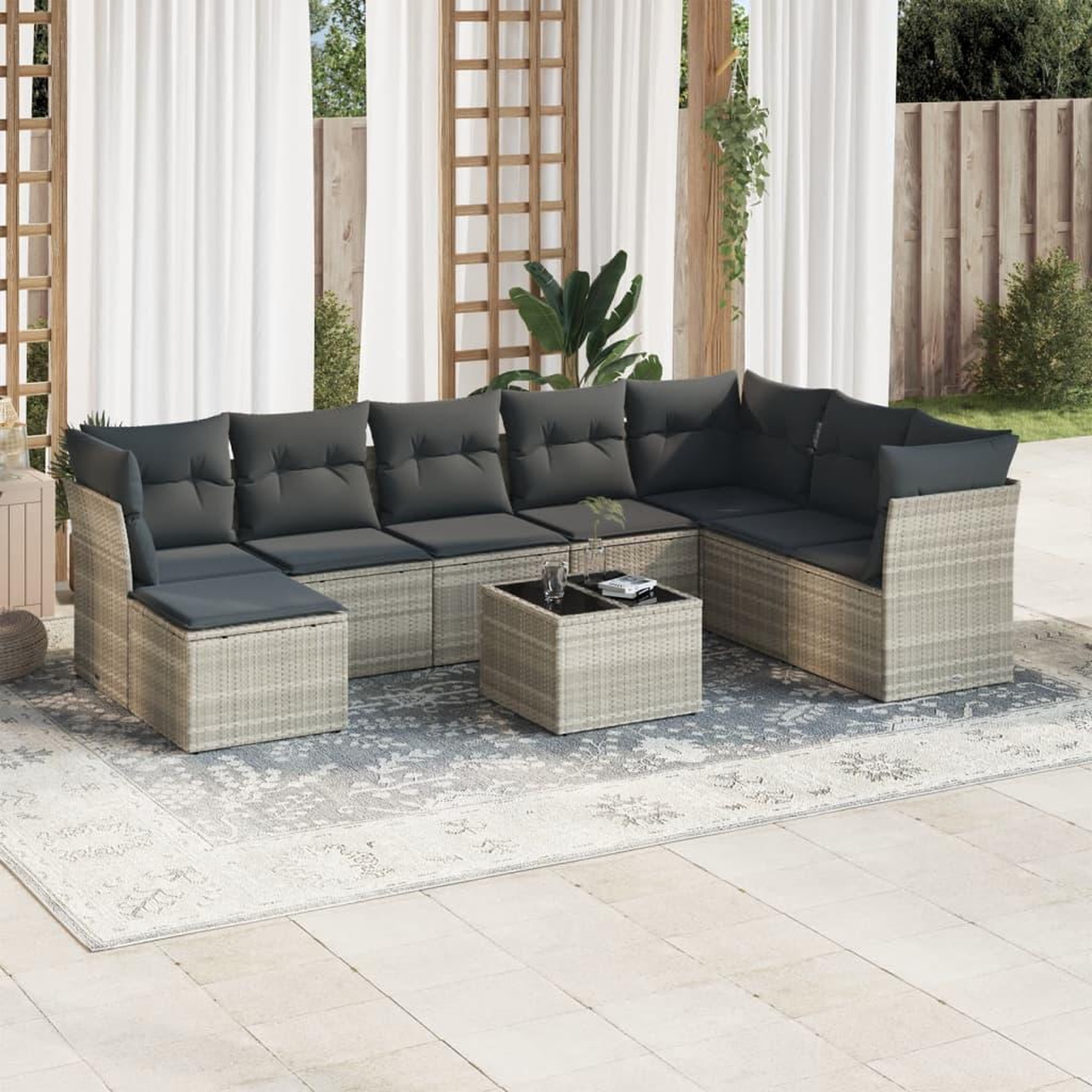 VIDAXL Salon de jardin 9 pcs avec coussins gris clair resine tressee