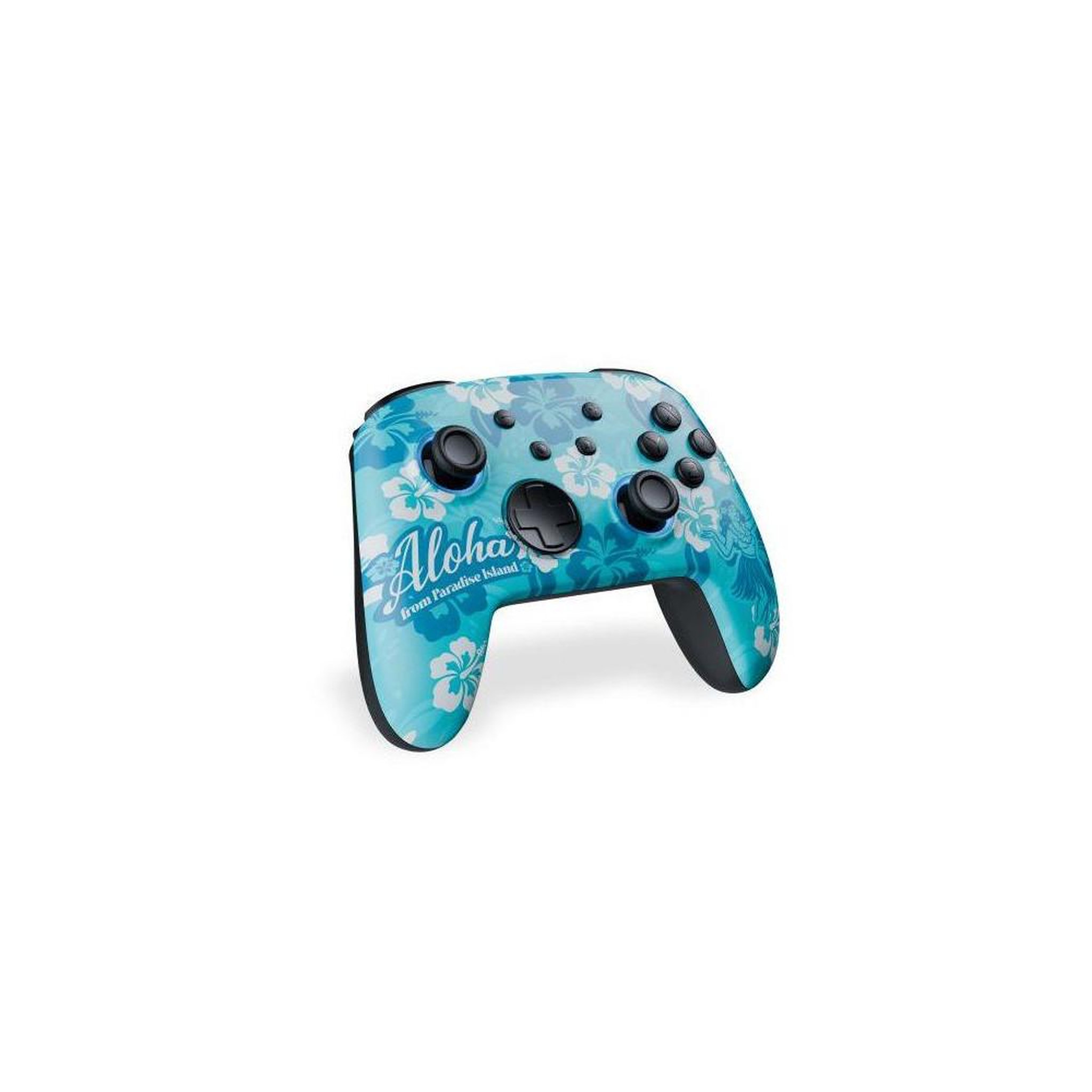 Voir la diapositive 3 : FREAKS AND GEEKS Manette sans fil RGB Aloha pour Nintendo Switch 1&2 et PC, thème floral tropical teal/bleu, boutons noirs et sticks analogiques
