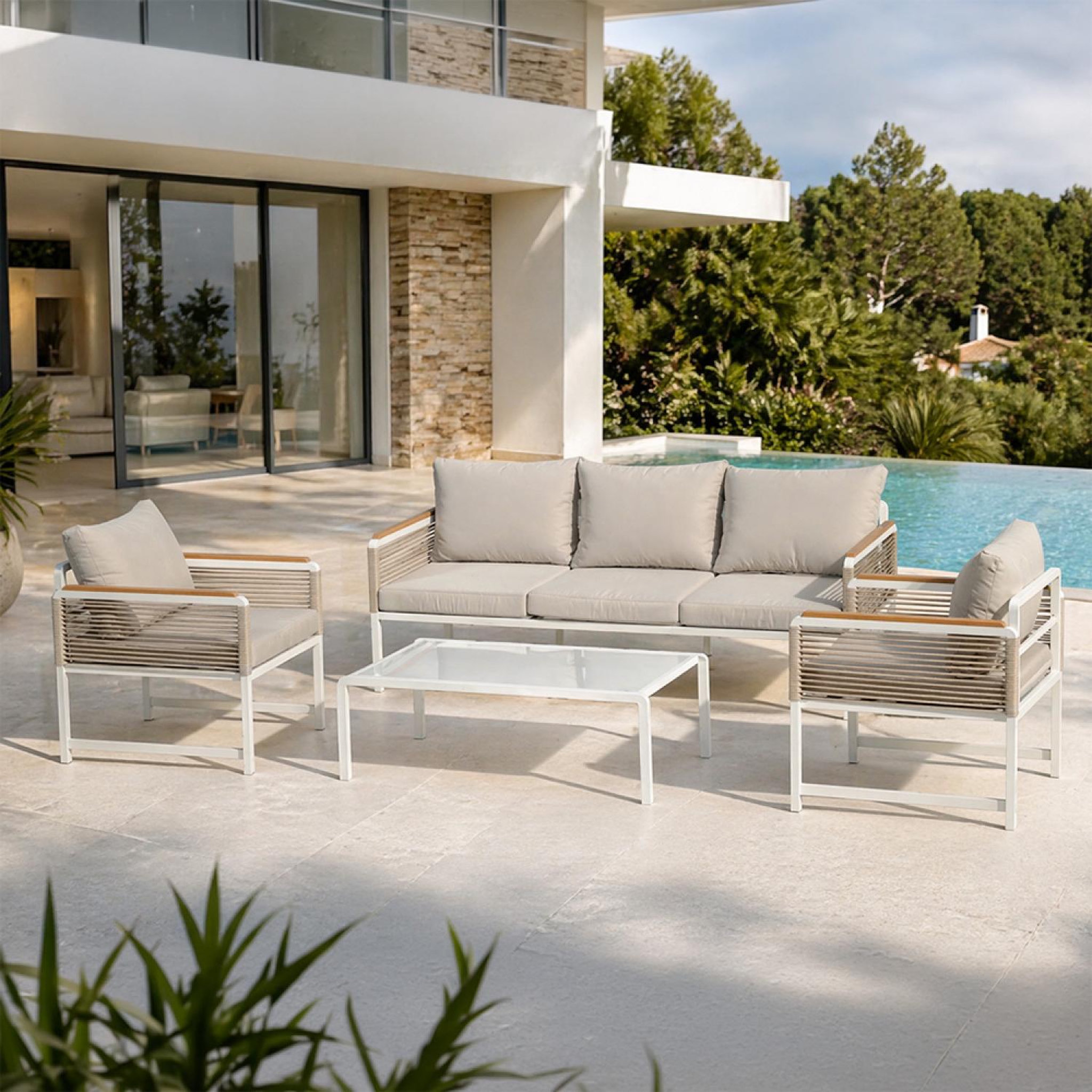 Voir la diapositive 2 : CONCEPT USINE Salon de jardin 5 places avec table basse gris clair solomon