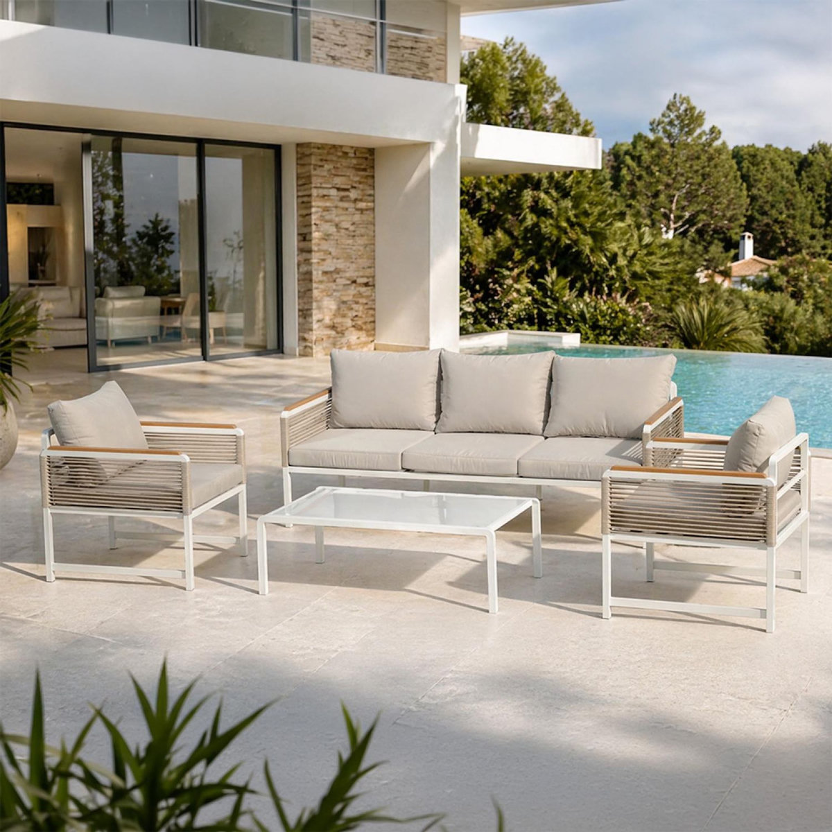 CONCEPT USINE Salon de jardin 5 places avec table basse gris clair SOLOMON