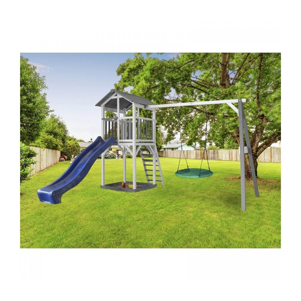 Axi House AXI Structure de jeu Beach Tower avec balancoire Nid rond Summer Gris Blanc avec Toboggan Bleu