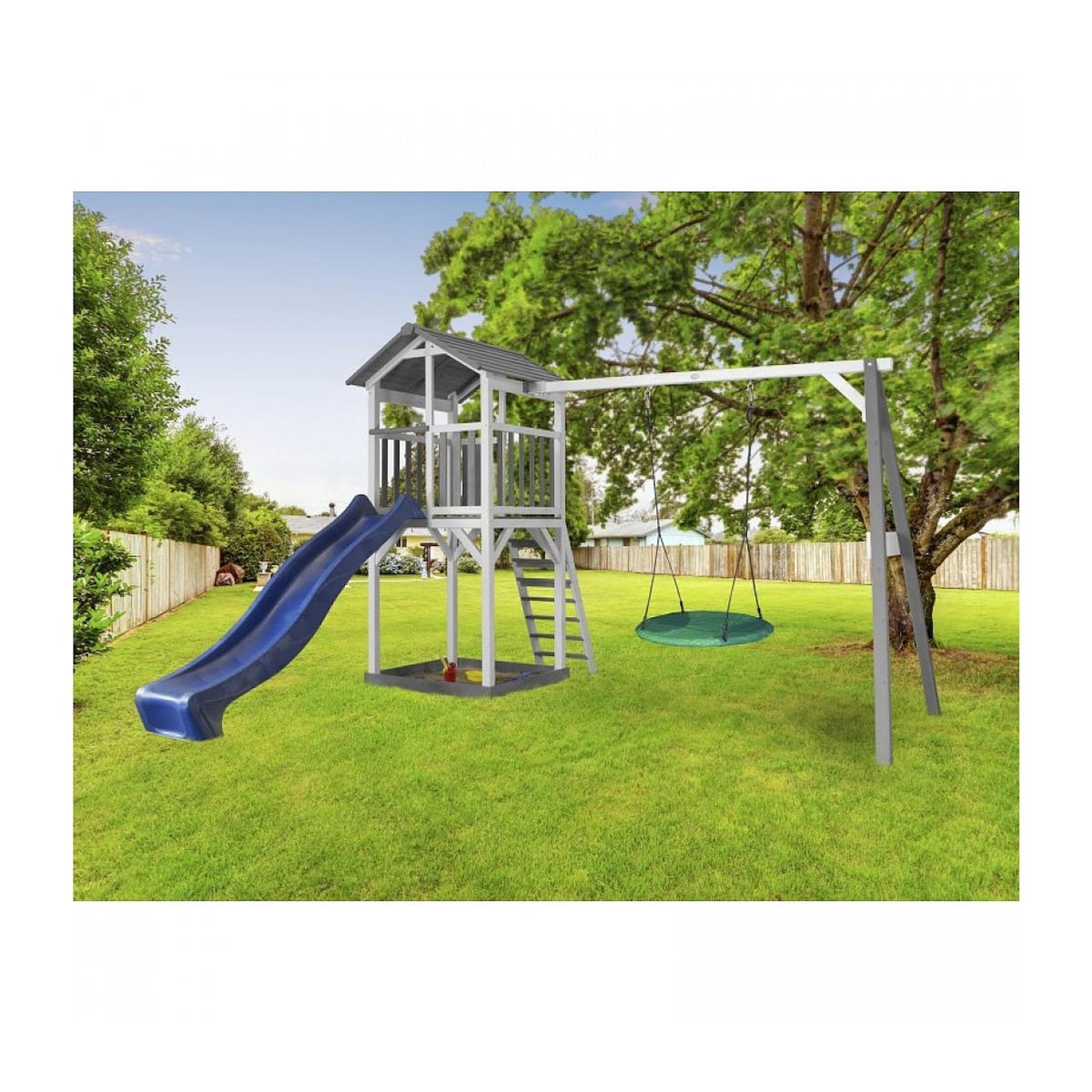 Axi House AXI Structure de jeu Beach Tower avec balancoire Nid rond Summer Gris Blanc avec Toboggan Bleu