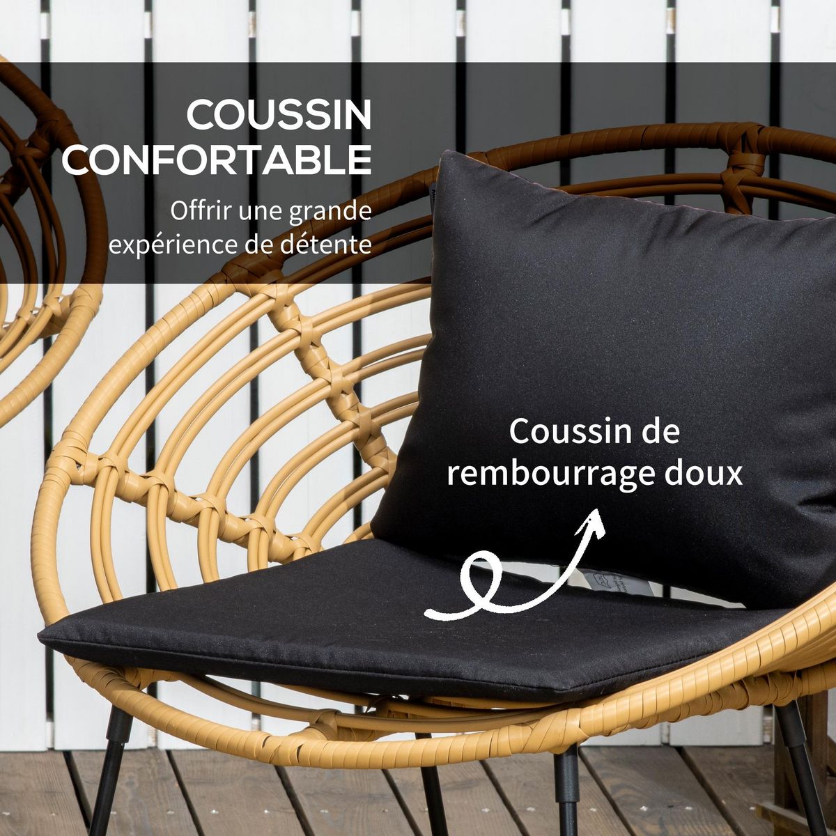 OUTSUNNY Salon de jardin 4 places 4 pièces style exotique table basse coussins noirs fournis résine tressée aspect rotin
