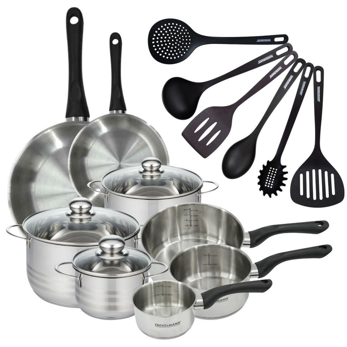 Fackelmann Set 2 poêles 20 28 cm 3 casseroles 12 16 20 cm, 3 faitouts 16, 20 et 24 cm en inox et 6 ustensiles RPET Fackelmann Geneva