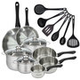 Voir la diapositive 1 : Fackelmann Set 2 poêles 20 28 cm 3 casseroles 12 16 20 cm, 3 faitouts 16, 20 et 24 cm en inox et 6 ustensiles RPET Fackelmann Geneva