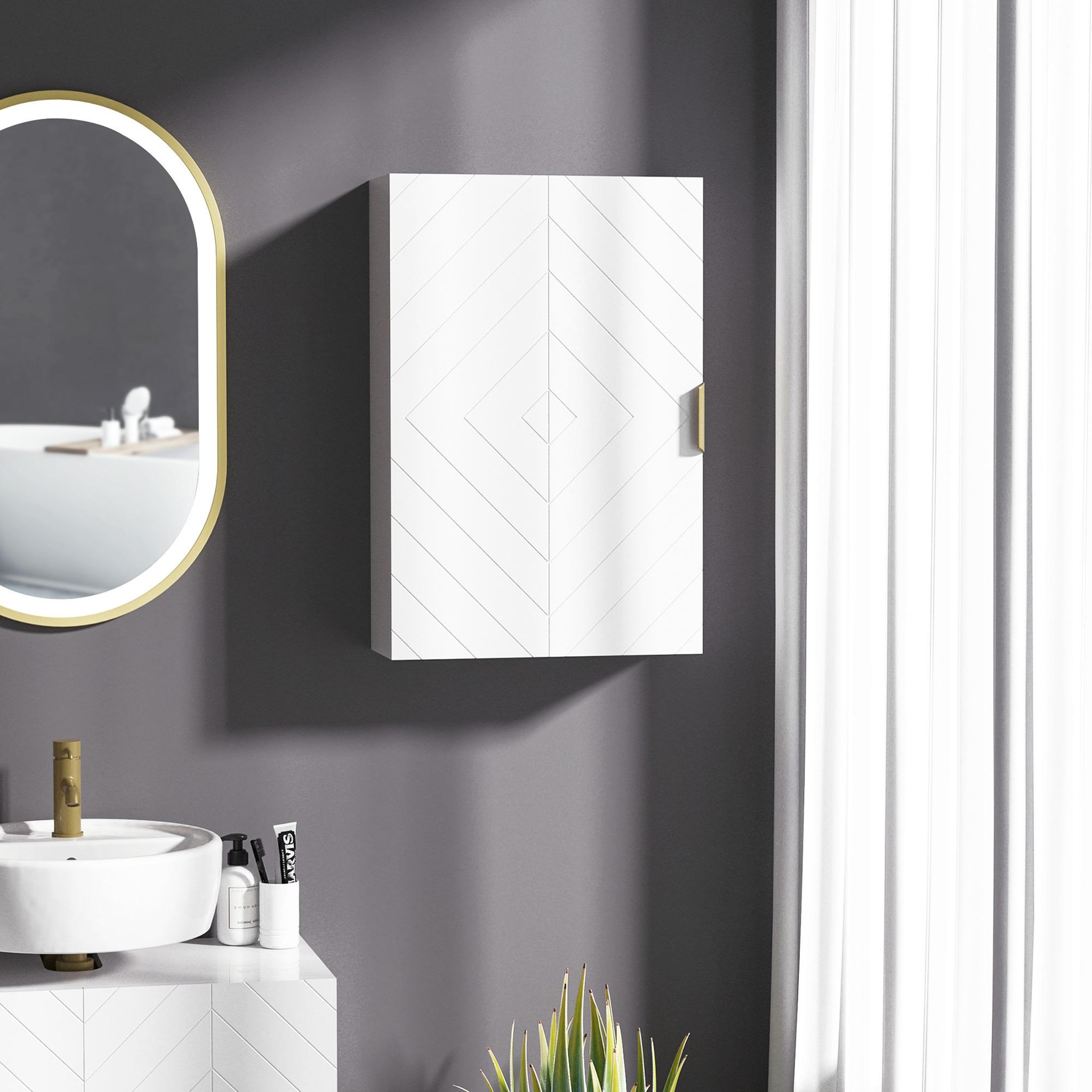 Voir la diapositive 4 : KLEANKIN Armoire murale de salle de bain - porte, 2 étagères - poignée métal doré mdf blanc