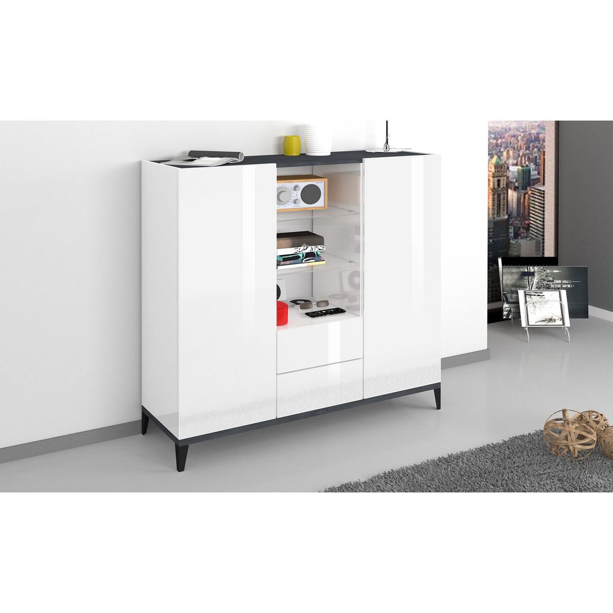 Buffet haut moderne 2 portes 2 tiroirs L120cm BARI