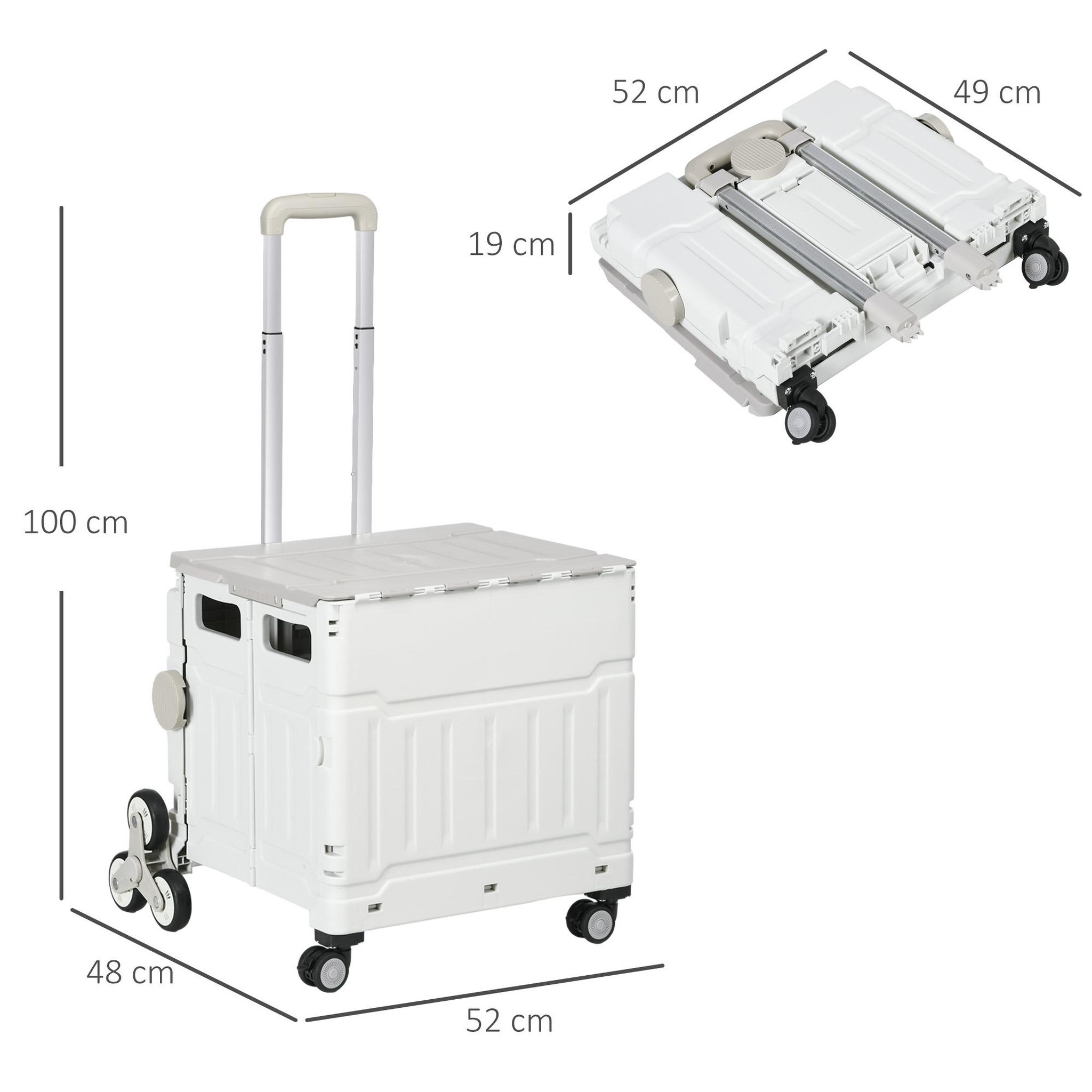 Voir la diapositive 3 : HOMCOM Chariot de courses pliable monte escalier 8 roues 51L max. 80 Kg poignée télescopique alu PP gris blanc
