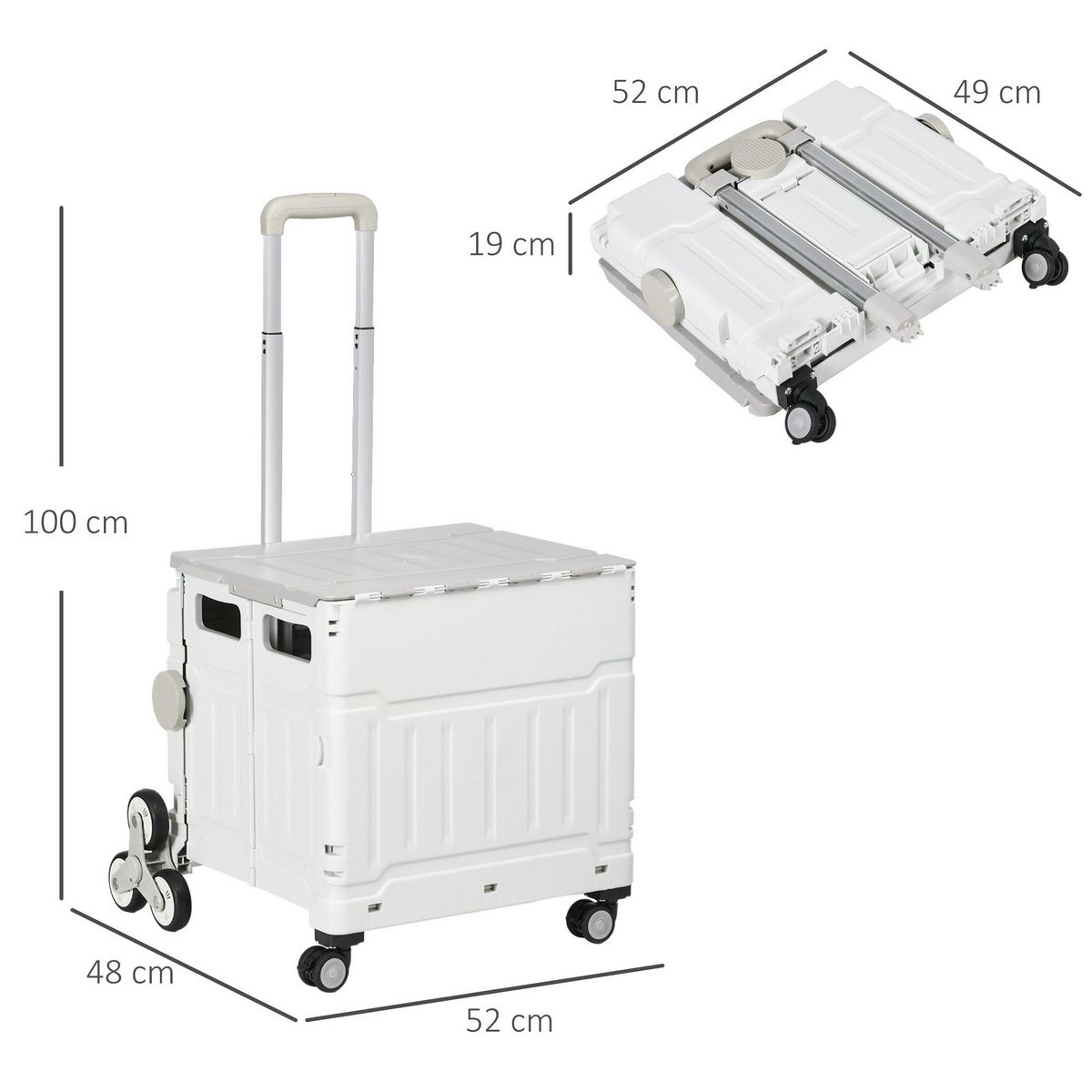 HOMCOM Chariot de courses pliable monte escalier 8 roues 51L max. 80 Kg poignée télescopique alu PP gris blanc