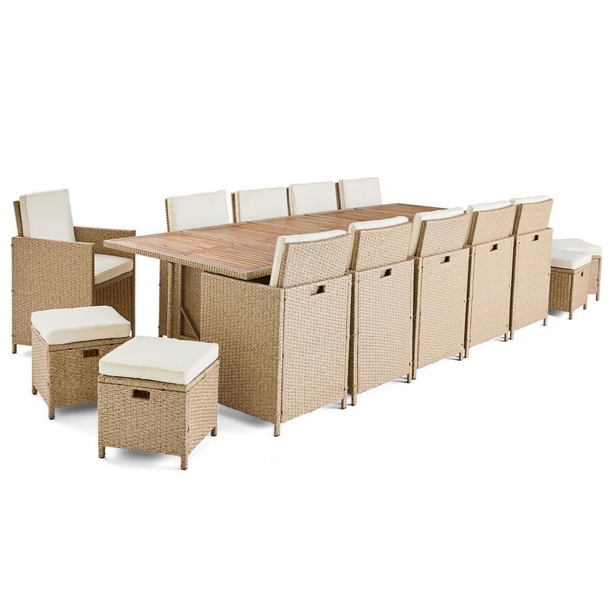 BEST MOBILIER Cuba – salon de jardin encastrable en résine tressé beige - 14 places - coussins beige + housse de protection