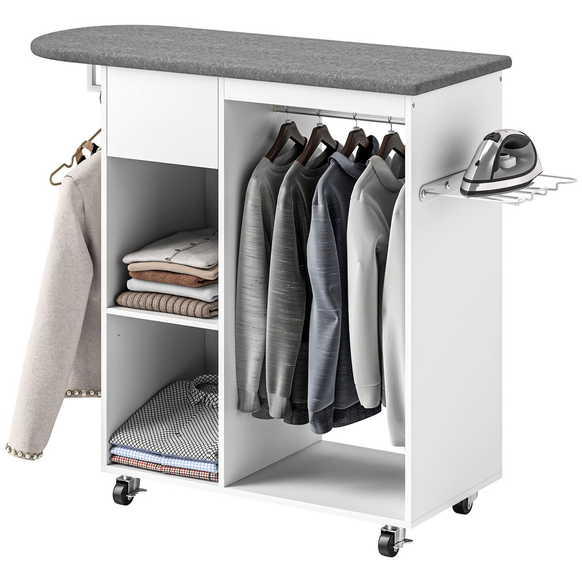 HOMCOM Table à repasser sur roulettes - 2 tringles, 2 niches, tiroir, support fer - toile planche incluse blanc gris