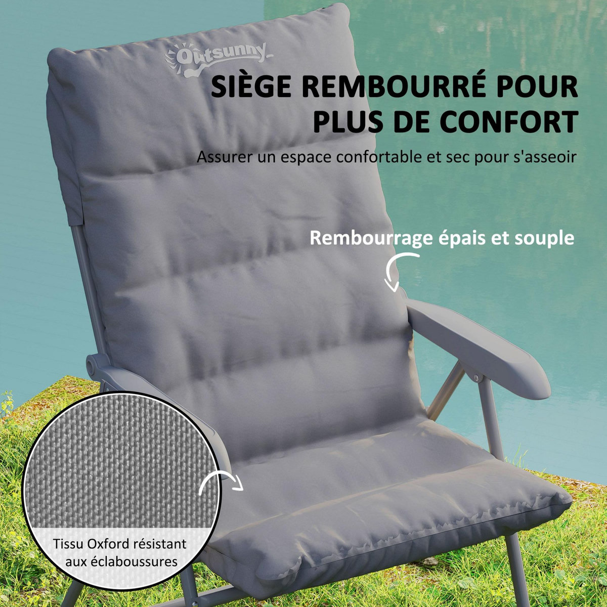 OUTSUNNY Chaise de camping pliante rembourrée inclinable grand confort gris