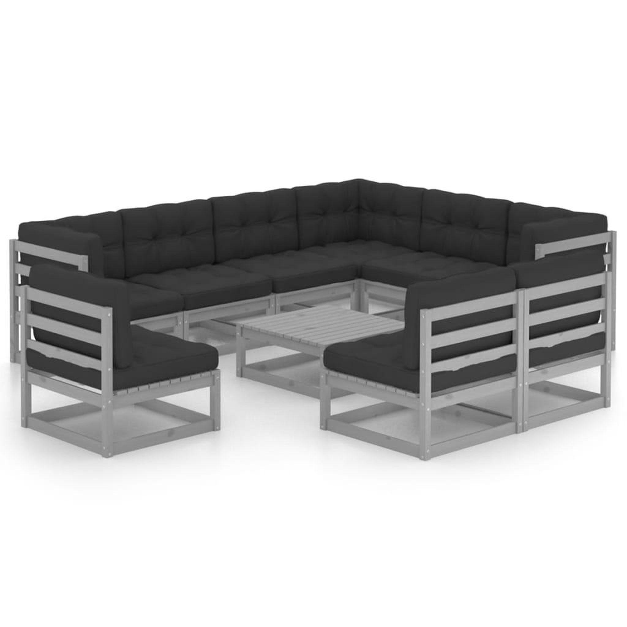 Voir la diapositive 1 : VIDAXL Salon de jardin 10 pcs avec coussins Gris Bois de pin massif