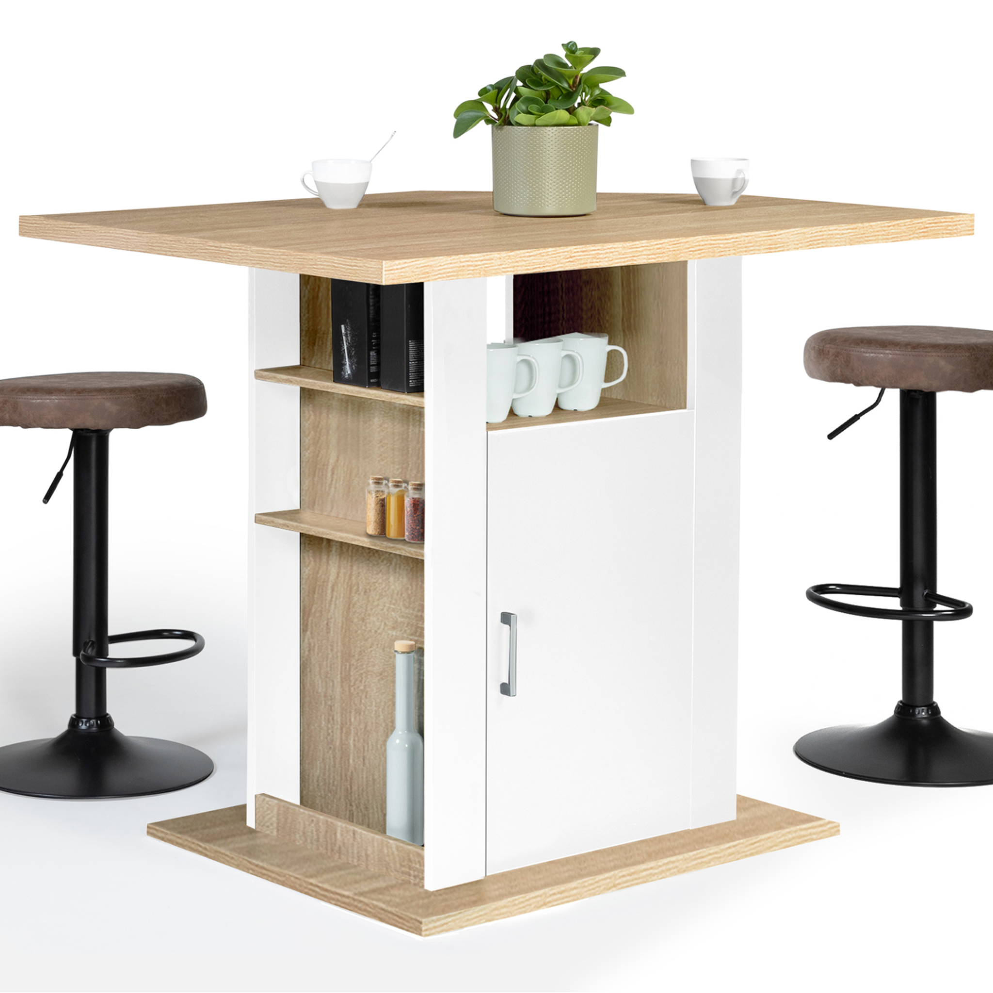 ID MARKET Ilot central ugo 110 cm bois blanc et imitation hêtre avec rangements