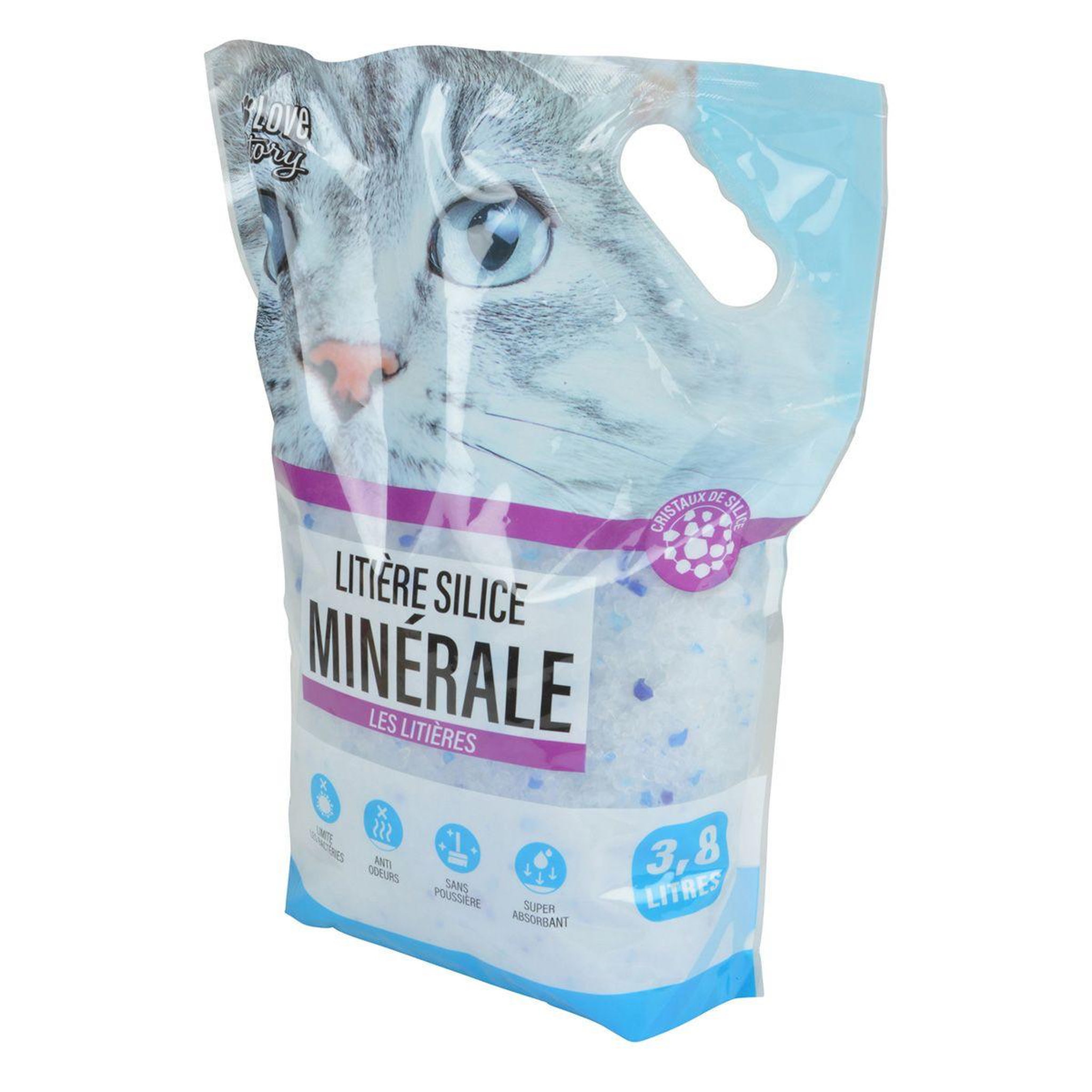 Voir la diapositive 1 : LOVE STORY Litière pour chat en silice  minérale  3,8l bleu