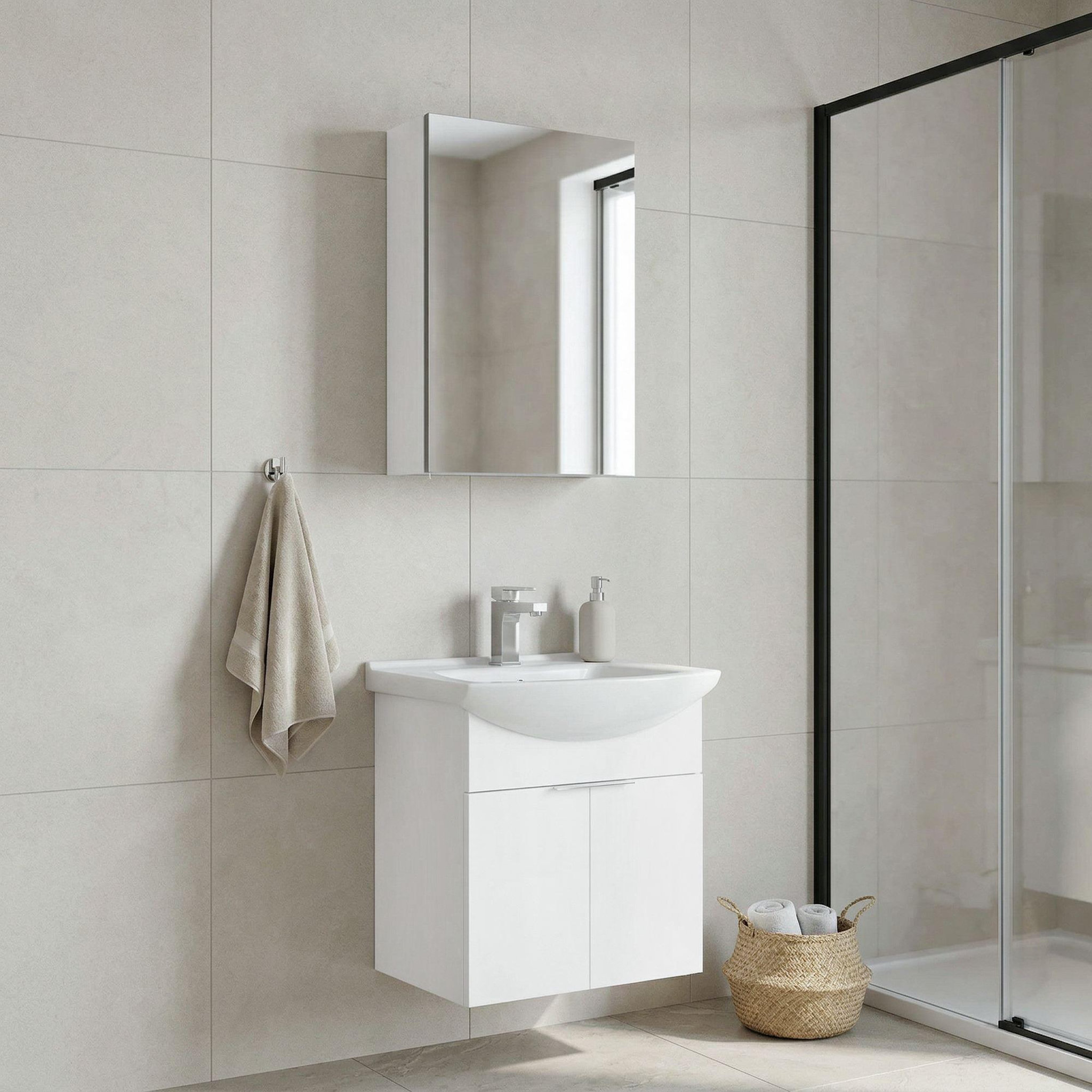 Voir la diapositive 2 : Habitat et Jardin Meuble avec simple vasque et miroir  Purus 55  - 55 x 50 x 58 cm - White