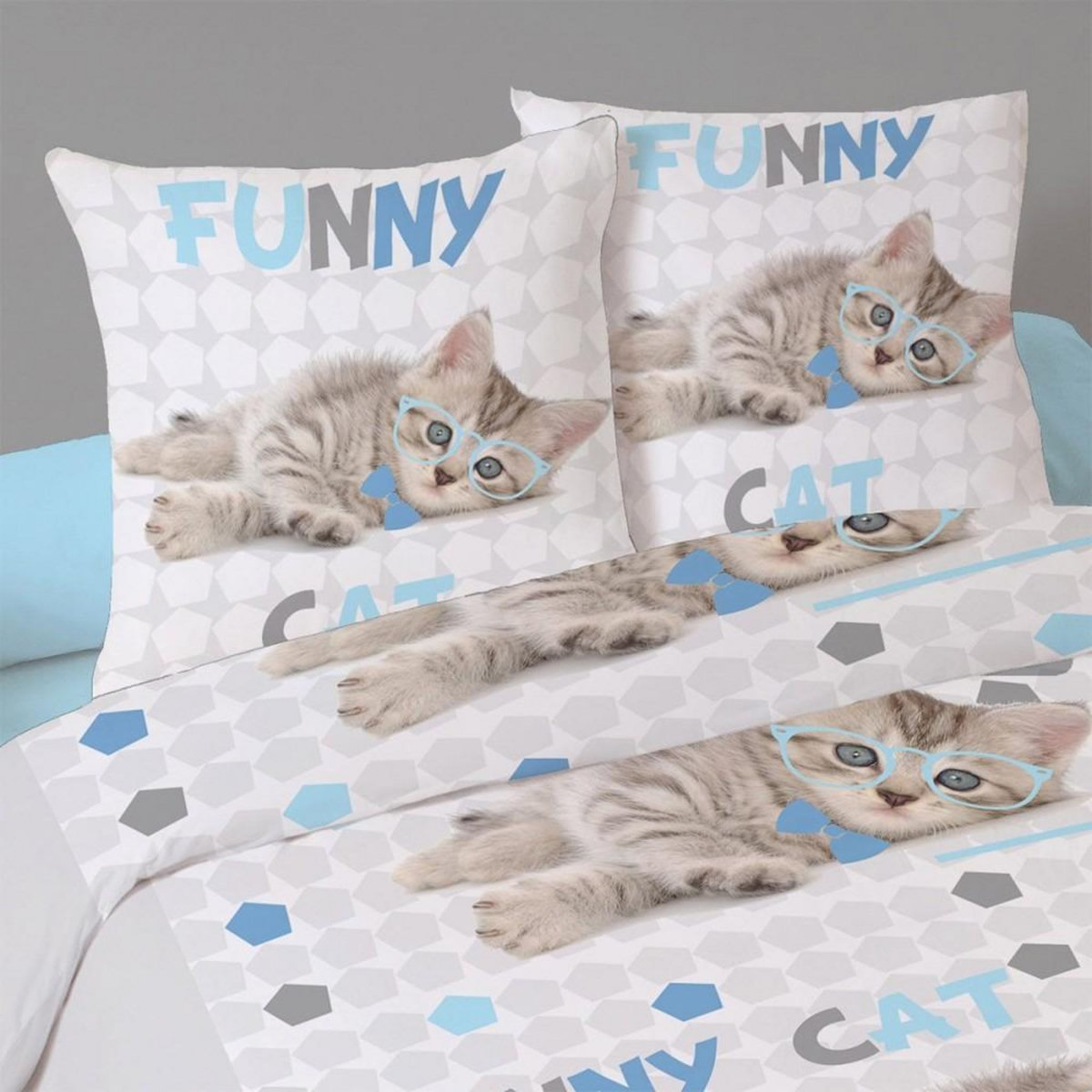 Dourev Housse de couette 200x200 Funny cat + 2 taies coton 41 fils