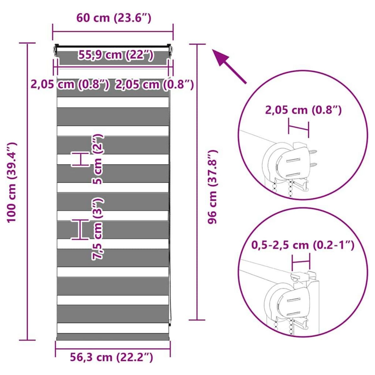 VIDAXL Store zebre gris fonce largeur du tissu 55,9 cm polyester