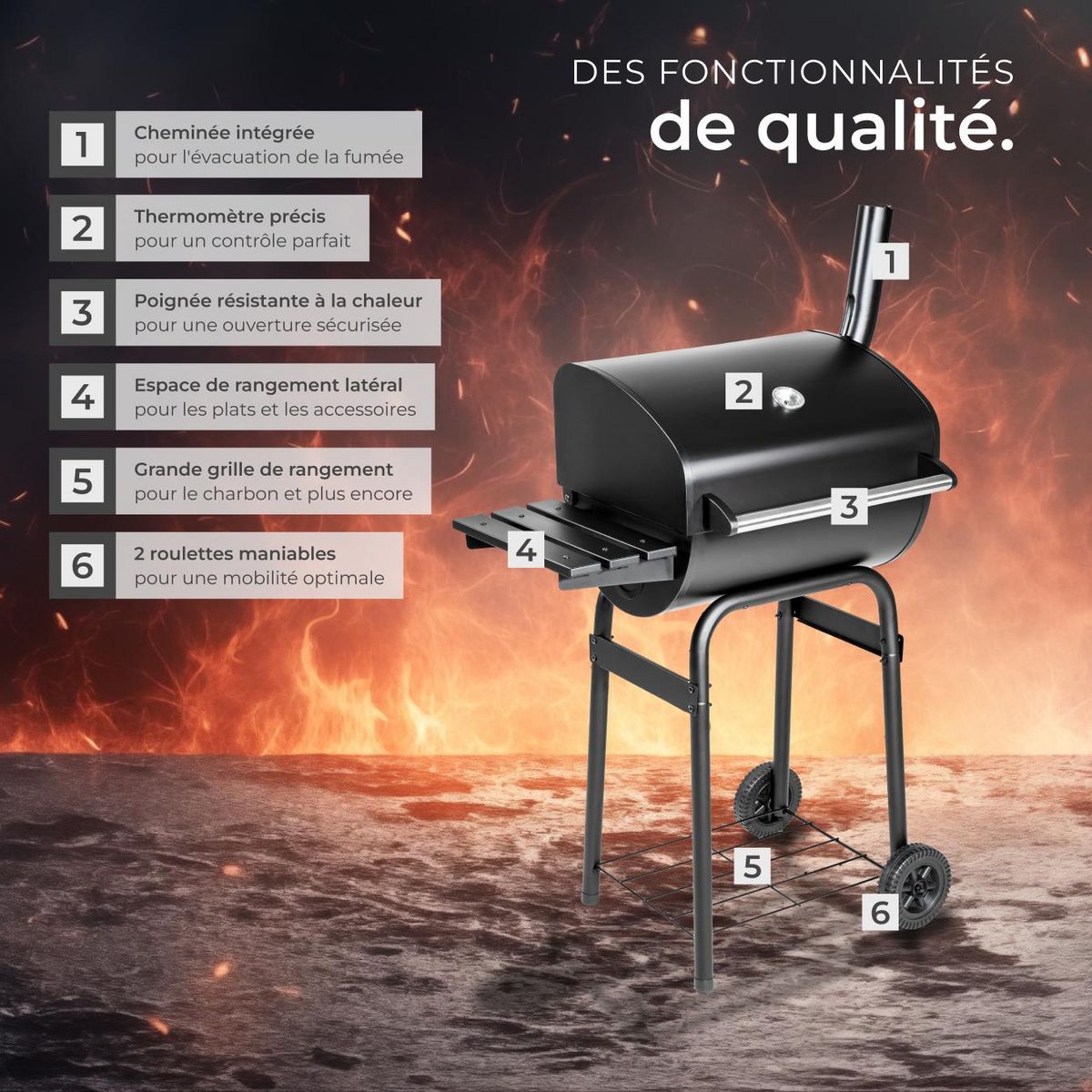 tectake Barbecue charbon avec thermomètre équipé de 2 roues pour un piètement stable noir