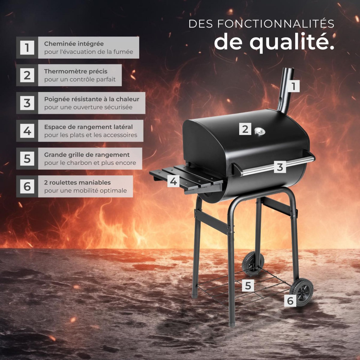 tectake Barbecue charbon avec thermomètre équipé de 2 roues pour un piètement stable noir