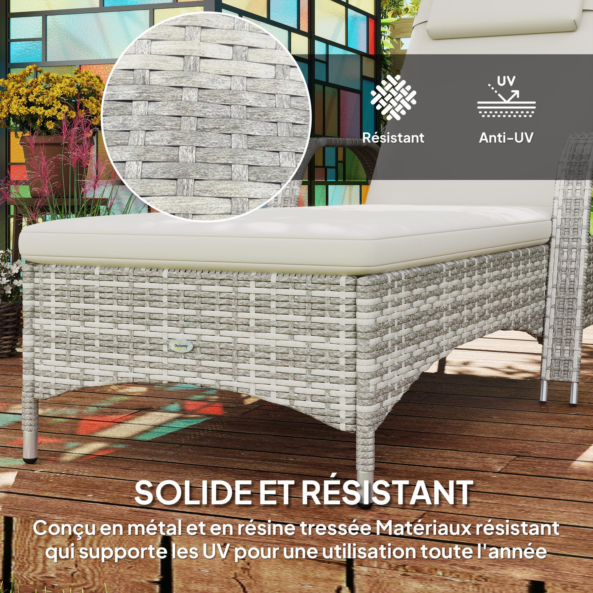 Voir la diapositive 5 : OUTSUNNY Transat bain de soleil grand confort : matelas, têtière, inclinaison réglable multipositions, accoudoirs, roulettes résine tressée gris clair