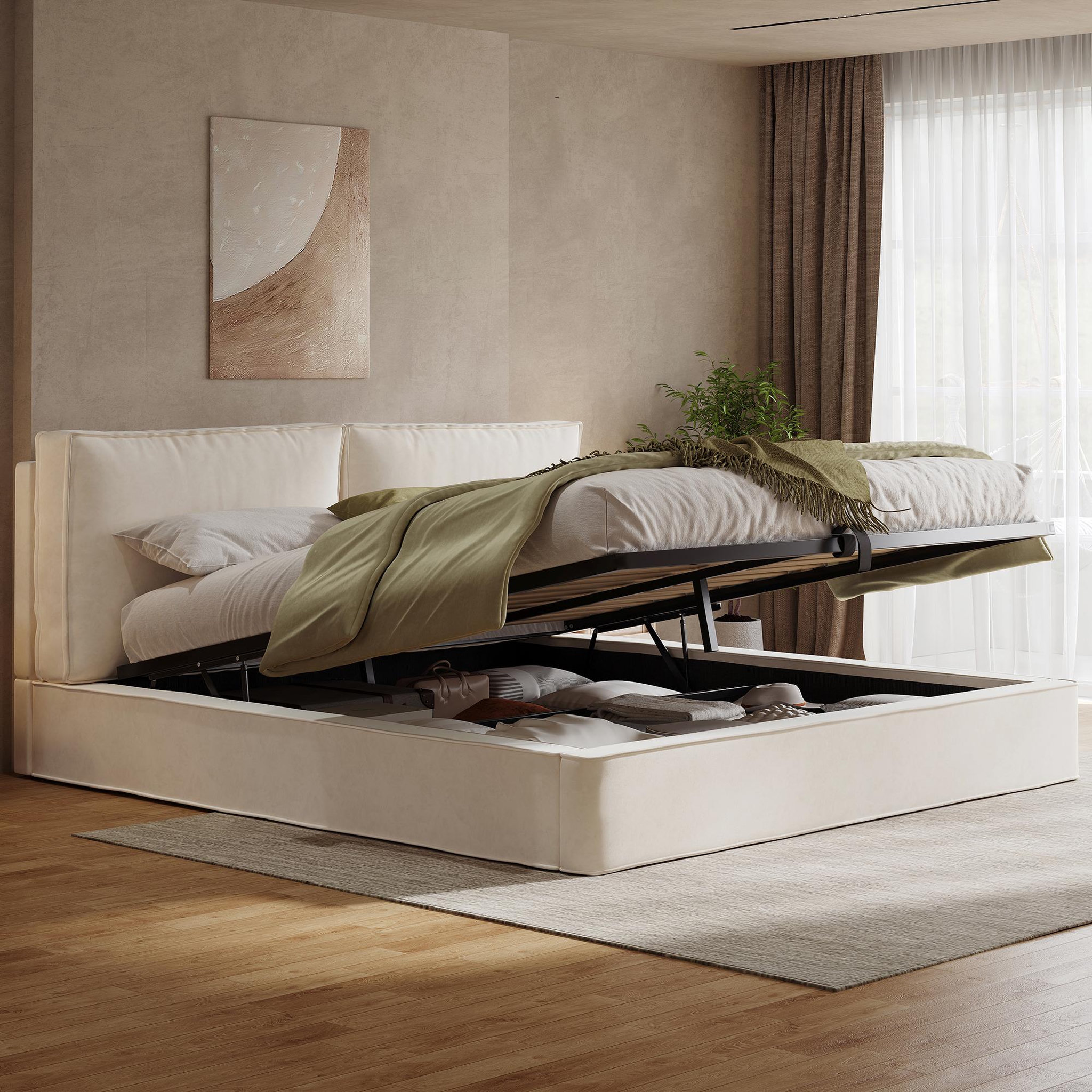 Voir la diapositive 4 : MERAX Lit coffre 180x200 cm avec rangement hydraulique, tête de lit rembourrée velours beige