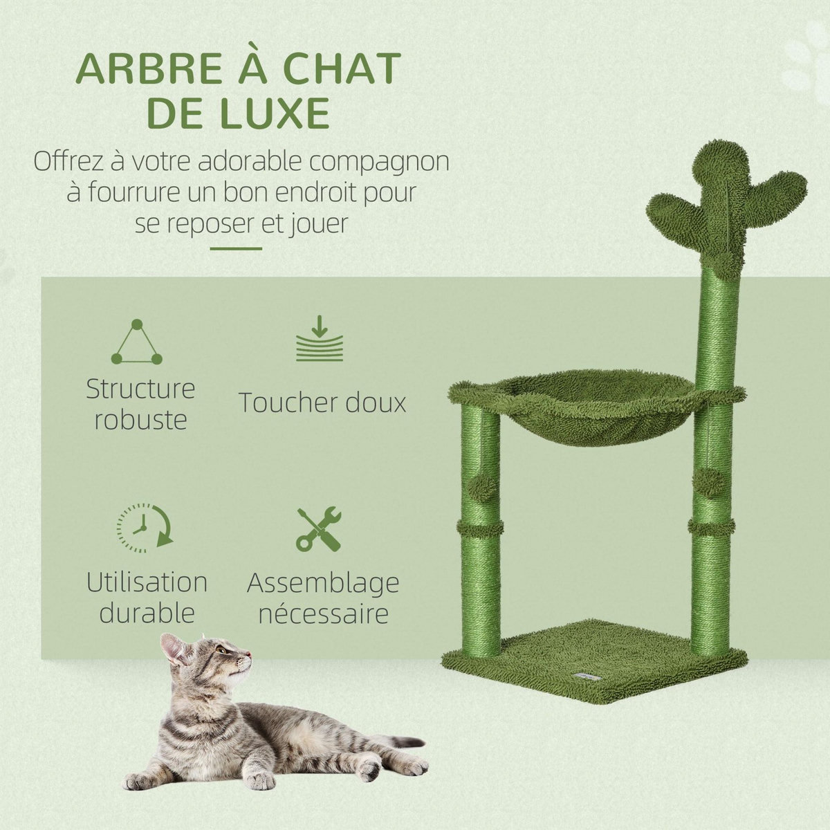 PAWHUT Arbre à chat griffoirs design cactus - hamac, 3 jouets pompons suspendus - panneaux peluche sisal vert