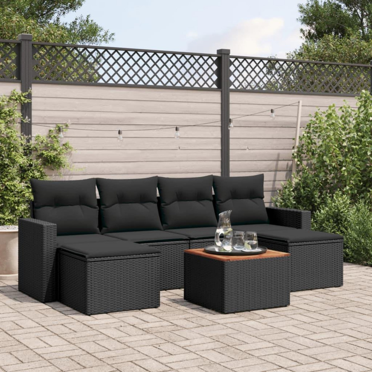 VIDAXL Salon de jardin 7 pcs avec coussins noir resine tressee