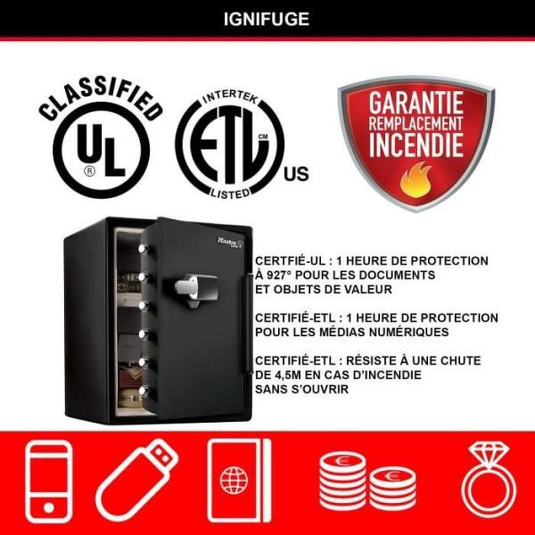 Voir la diapositive 2 : Master lock Master lock coffre-fort ignifugé et résistant a l'eau (code tactile + alarme) 56,5 l