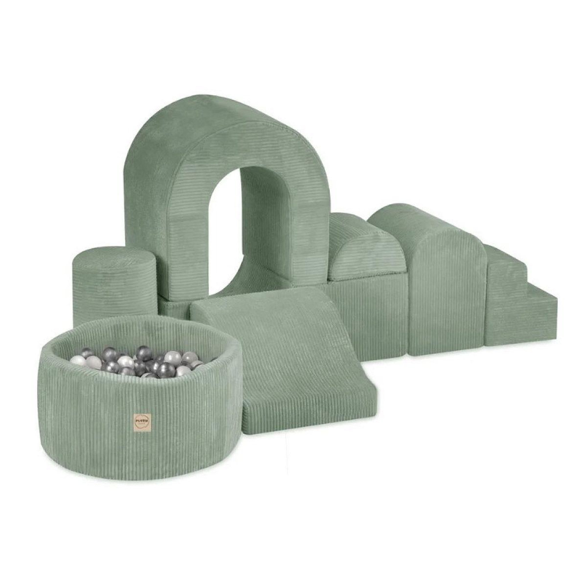 PLUSH NEST Château de jeux avec piscine + 150 balles - velours côtelé vert